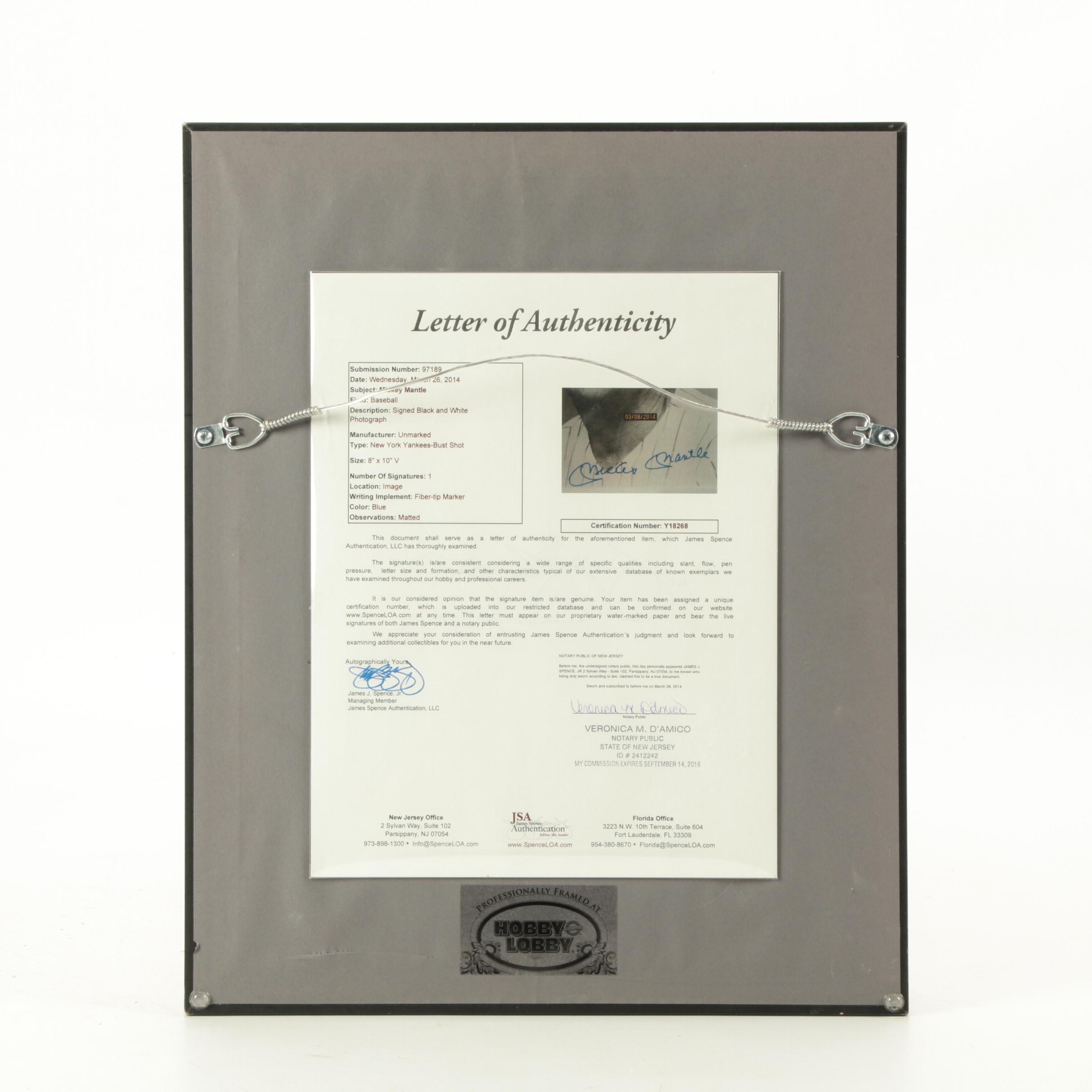 Mickey Mantle Signed Framed Picture, COA