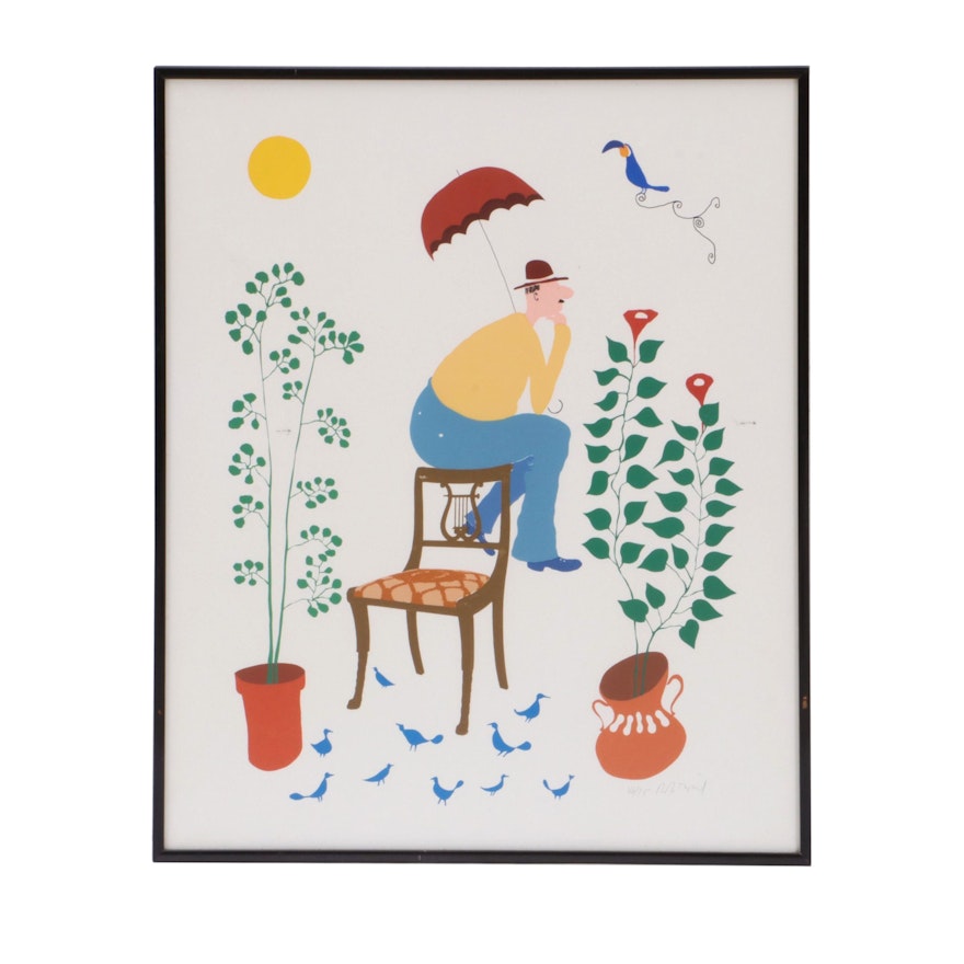 Serigraph Illustration of Man with Chair and Plants