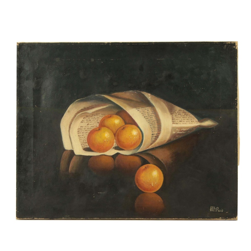 Realist Still Life Oil Painting of Oranges in Newspaper