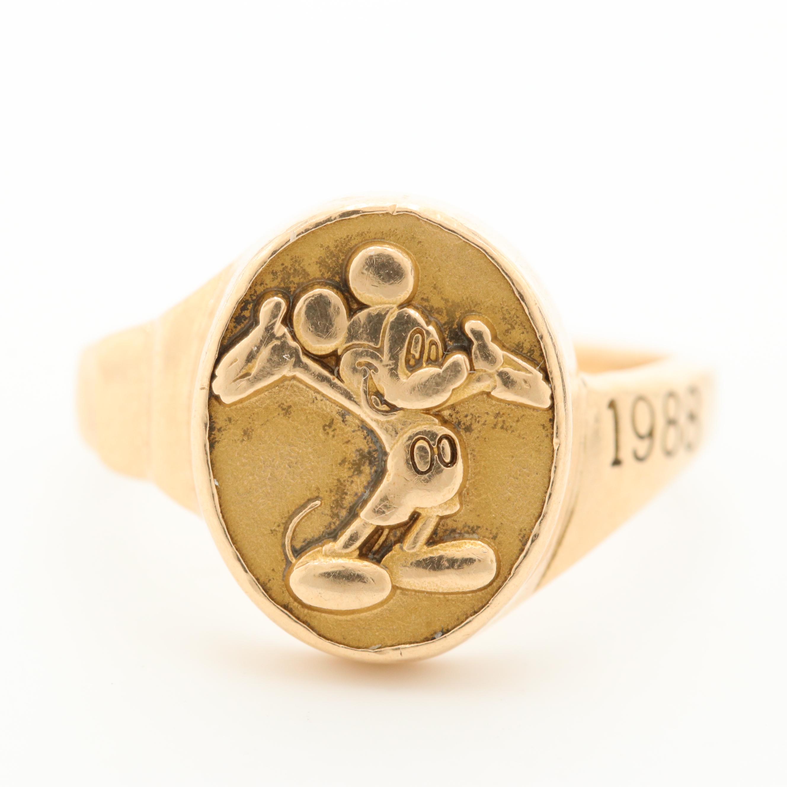 Vintage 14K Yellow Gold Mickey Mouse Signet Ring