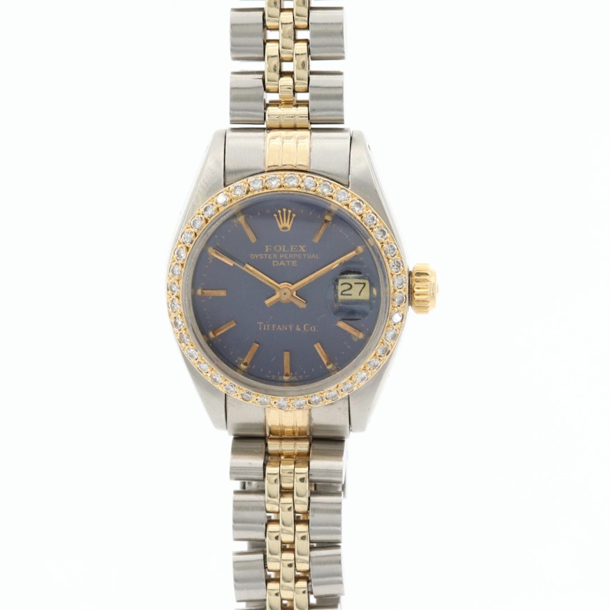Rolex Date For Tiffany & Co. Two Tone Wristwatch With Diamonds, 1979