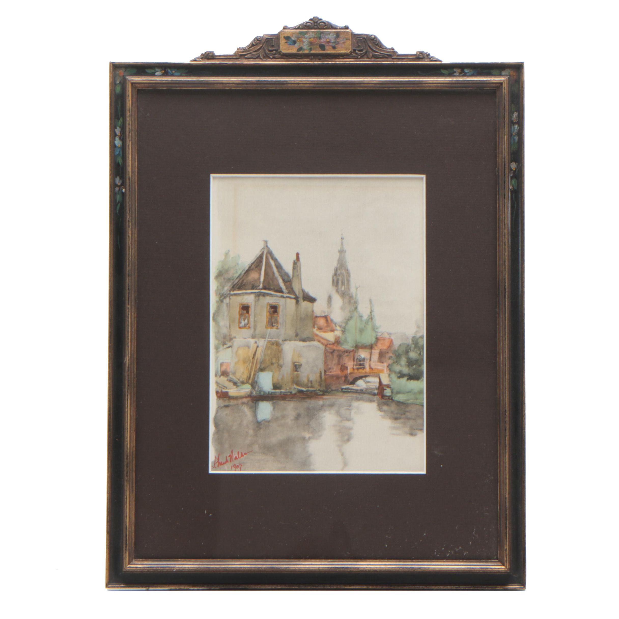 John Franklin Waldo Watercolor Painting of European Canal Scene