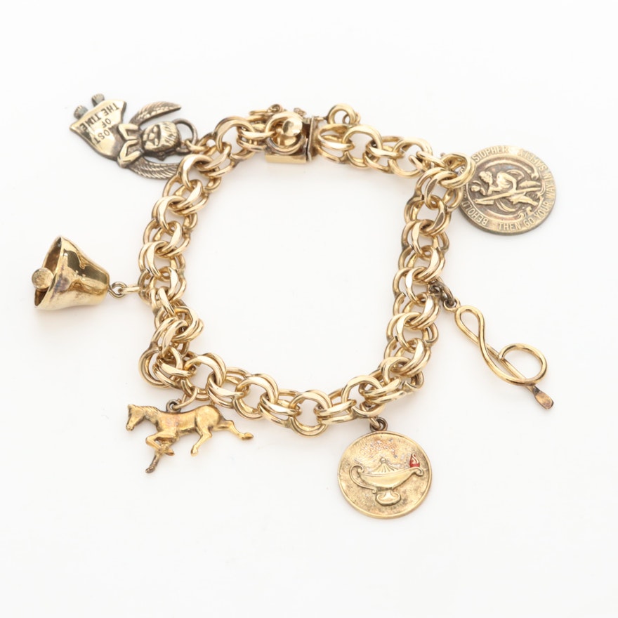 12K Gold Filled Bracelet with Sterling Silver and Enamel Lamp Flame Charms