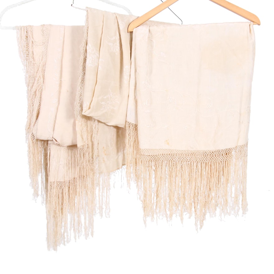 Embroidered Cream Silk Piano Shawls with Fringe, Early to Mid-20th Century