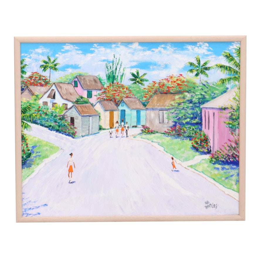 Mal Flanders Oil Painting of Suburban Street Scene