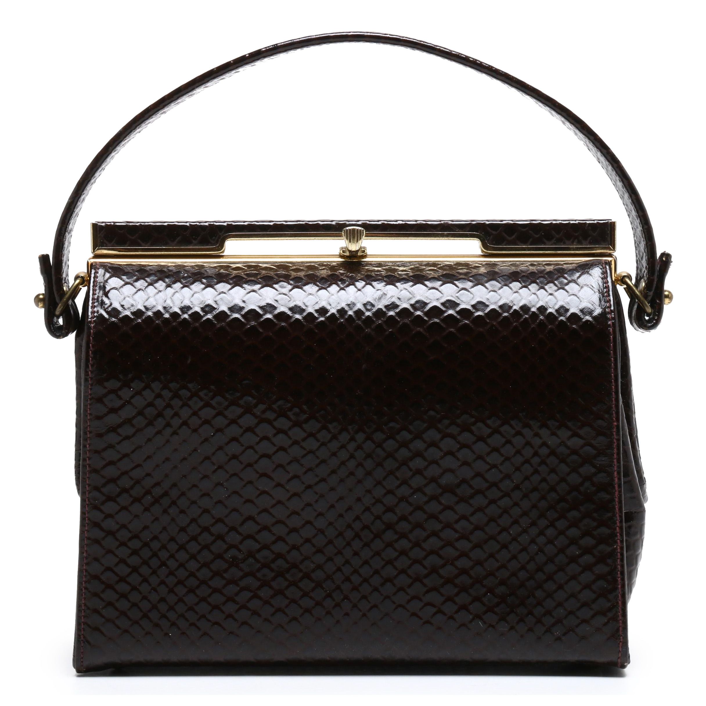 Triangle New York Snakeskin Embossed Brown Leather Handbag, Vintage