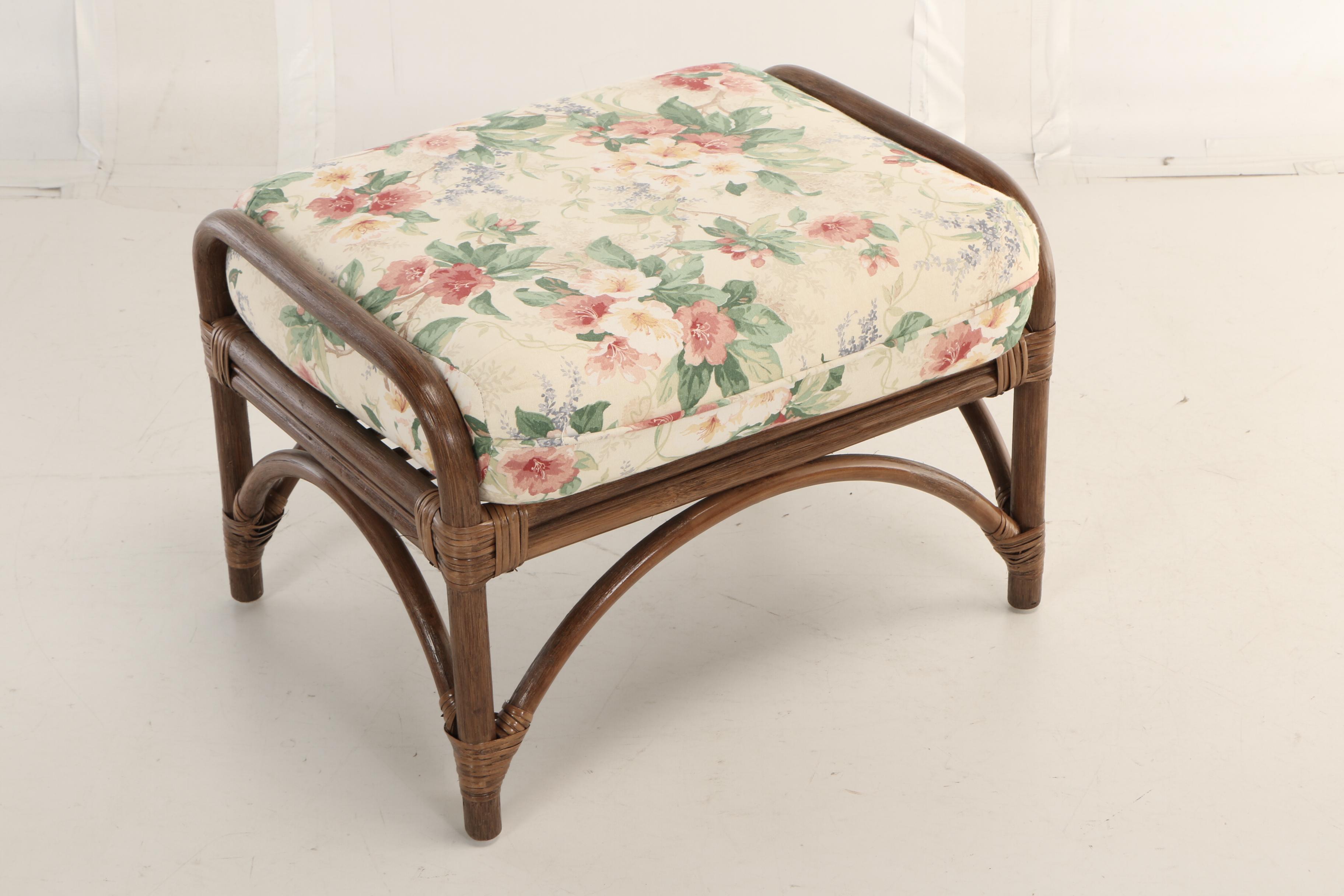 Benchcraft Furniture, Brown Rattan and Floral-Upholstered Armchair and Ottoman