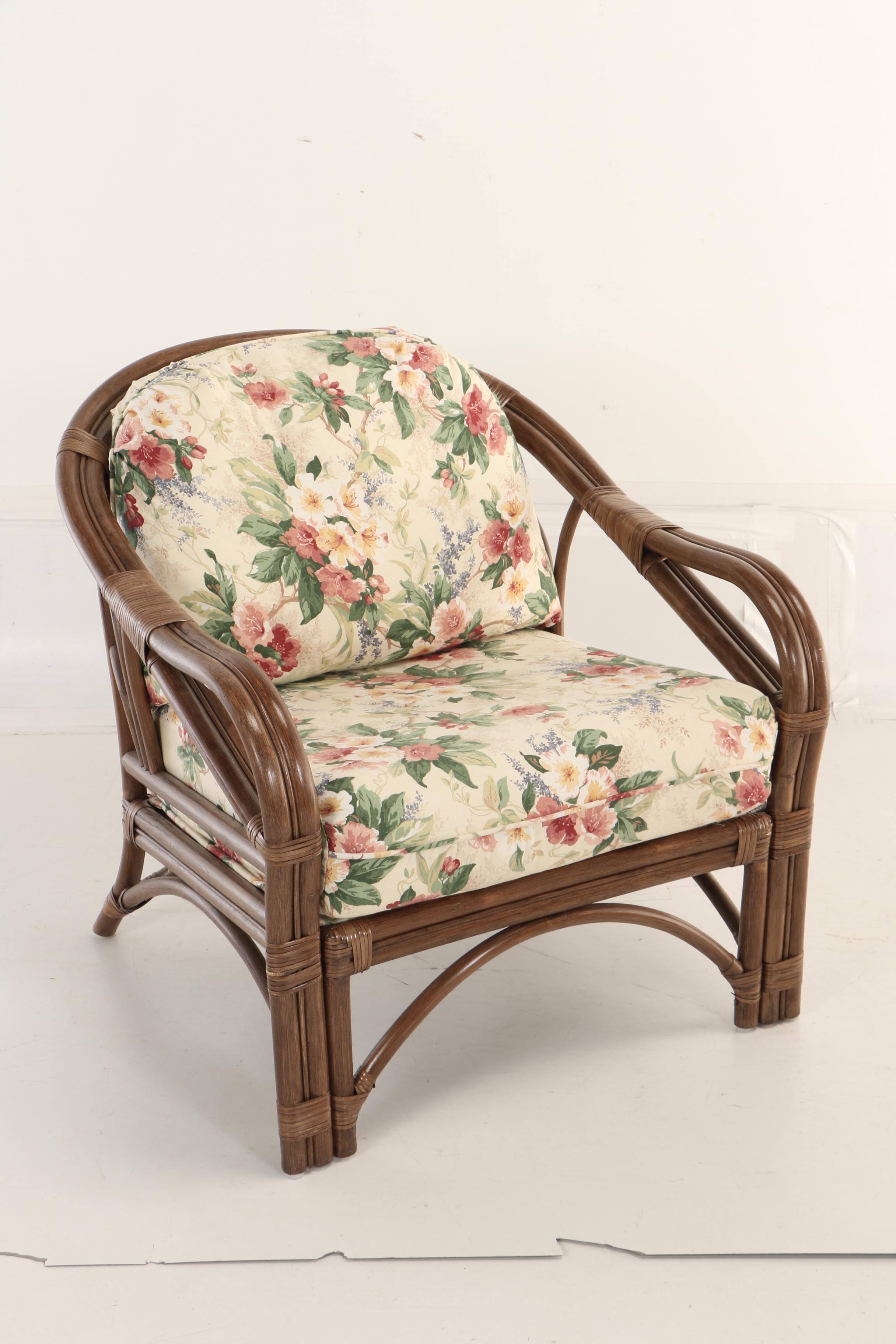 Benchcraft Furniture, Brown Rattan and Floral-Upholstered Armchair and Ottoman