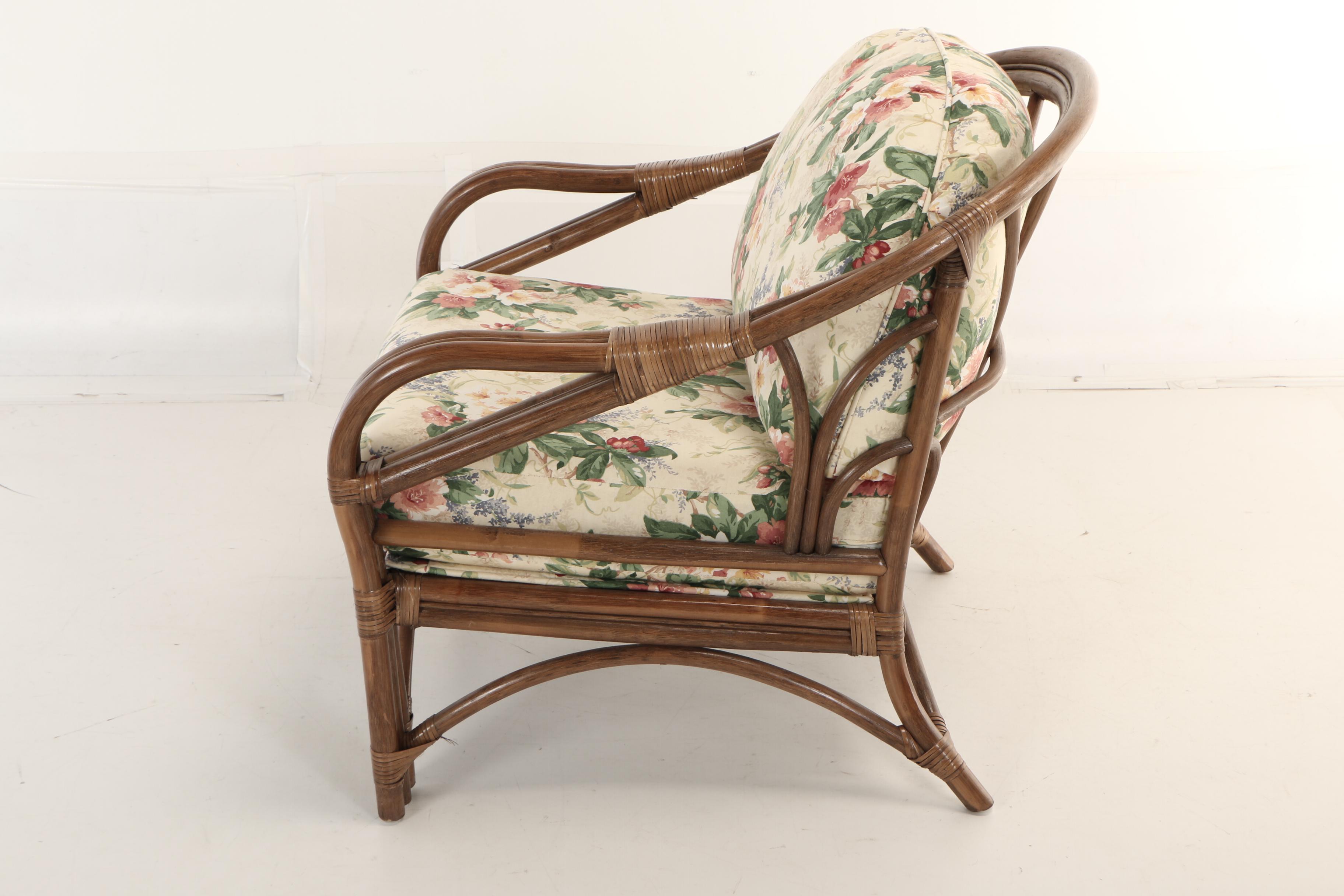 Benchcraft Furniture, Brown Rattan and Floral-Upholstered Armchair and Ottoman