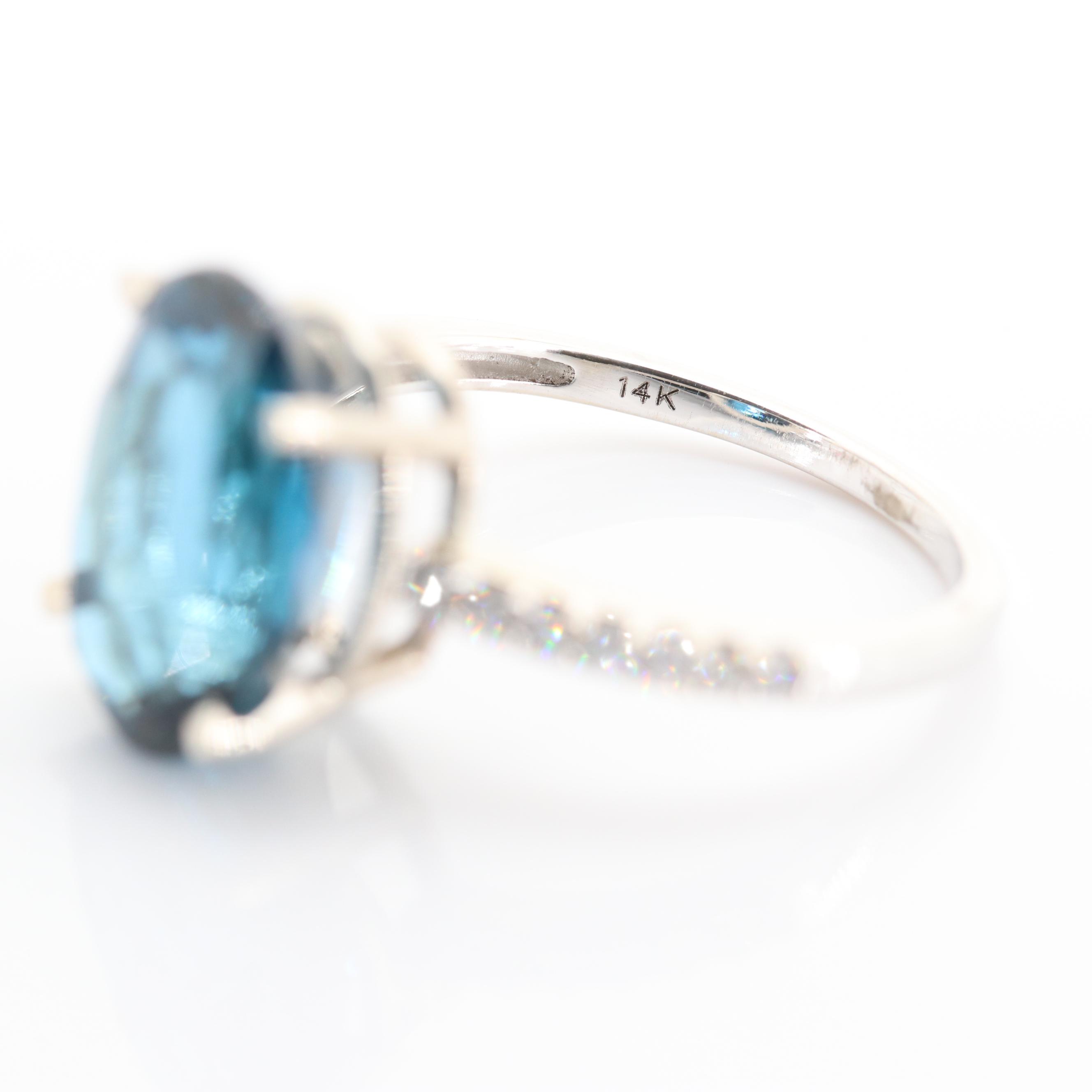 14K White Gold 7.82 CT Blue Topaz and Diamond Ring