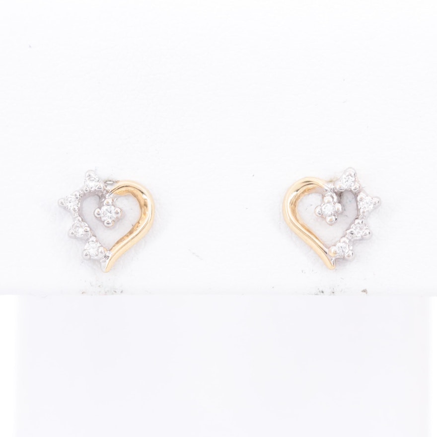 14K Yellow Gold  Diamond Heart Stud Earrings with White Gold Accents