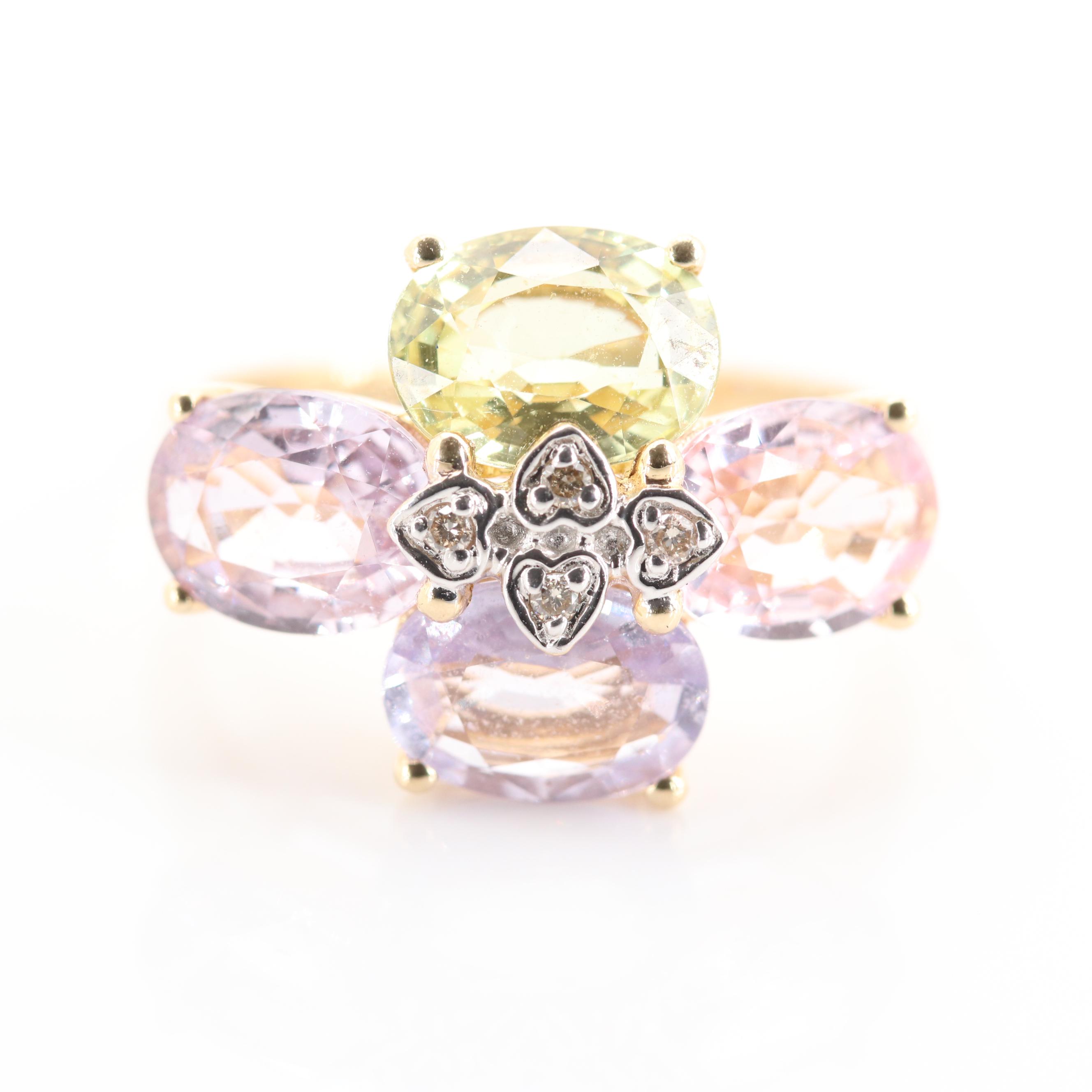 14K Yellow Gold 6.20 CTW Sapphire and Diamond Flower Ring