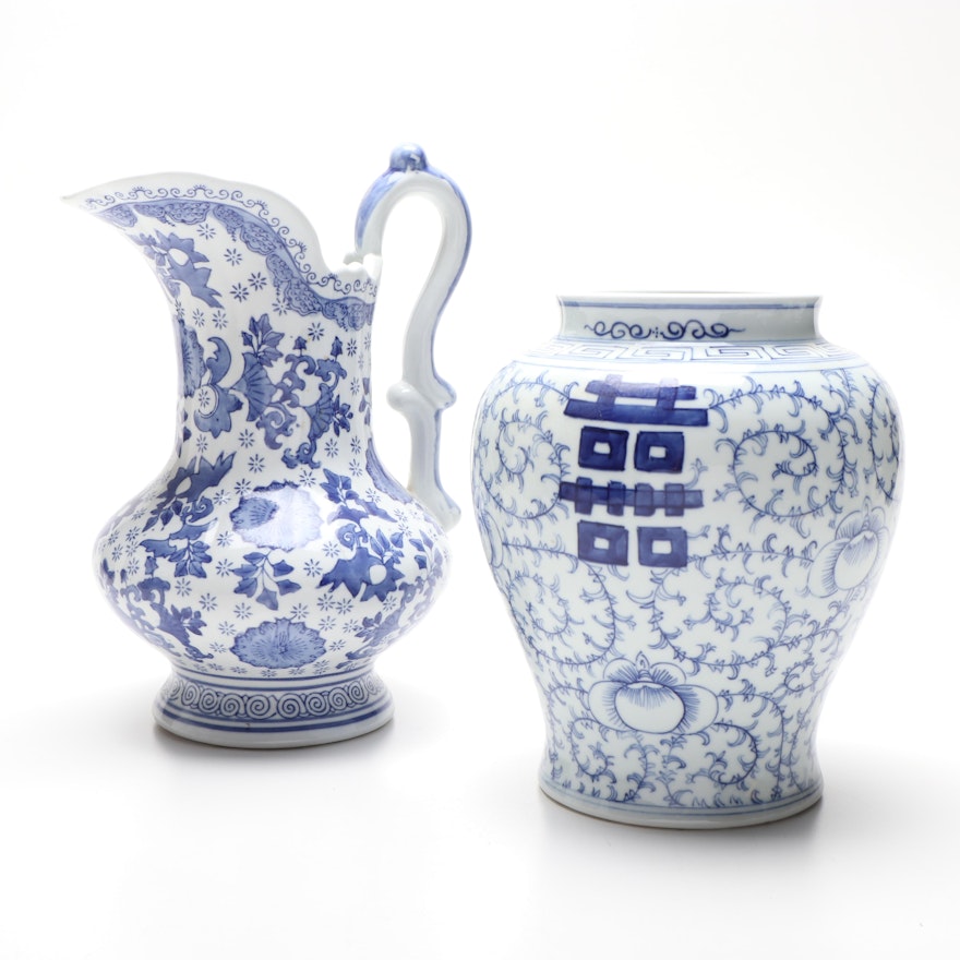 Chinese Porcelain Blue and White Pitcher and Jar, Mid to Late 20th Century