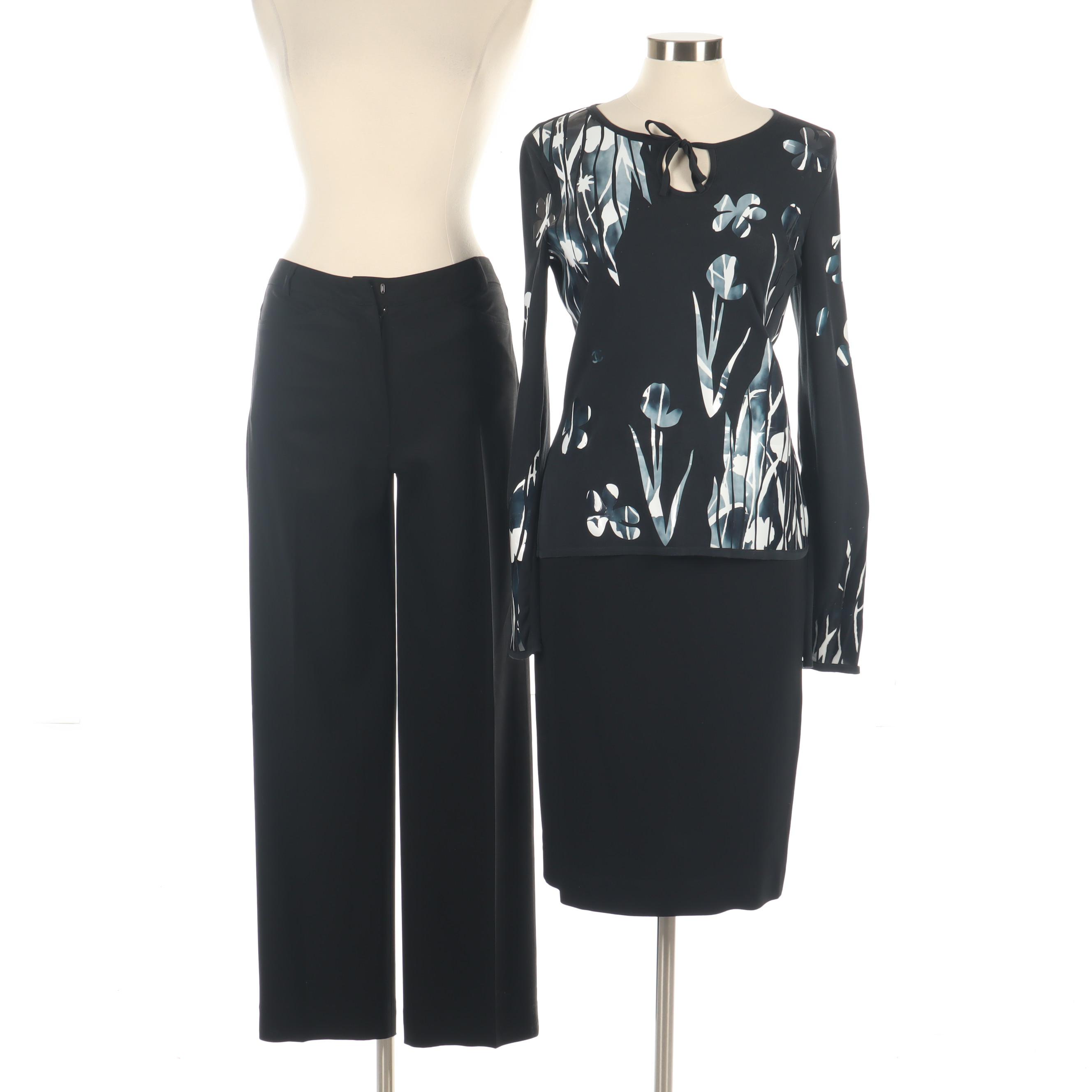 Chanel Floral Cotton Shirt with Escada Skirt and Donna Karan Couture Pants