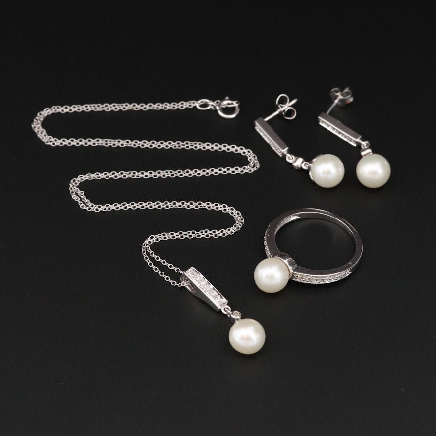 Sterling Silver Cultured Pearl and Diamond Jewelry Set