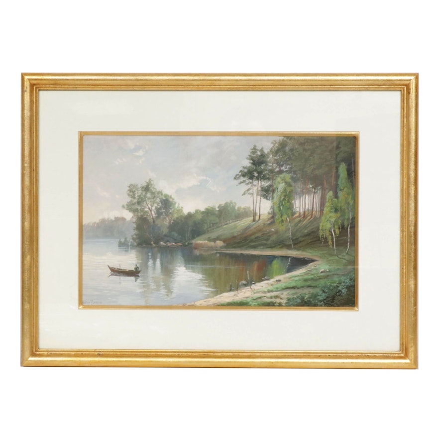 Müller Pankow Lake Landscape with Boat Watercolor Painting