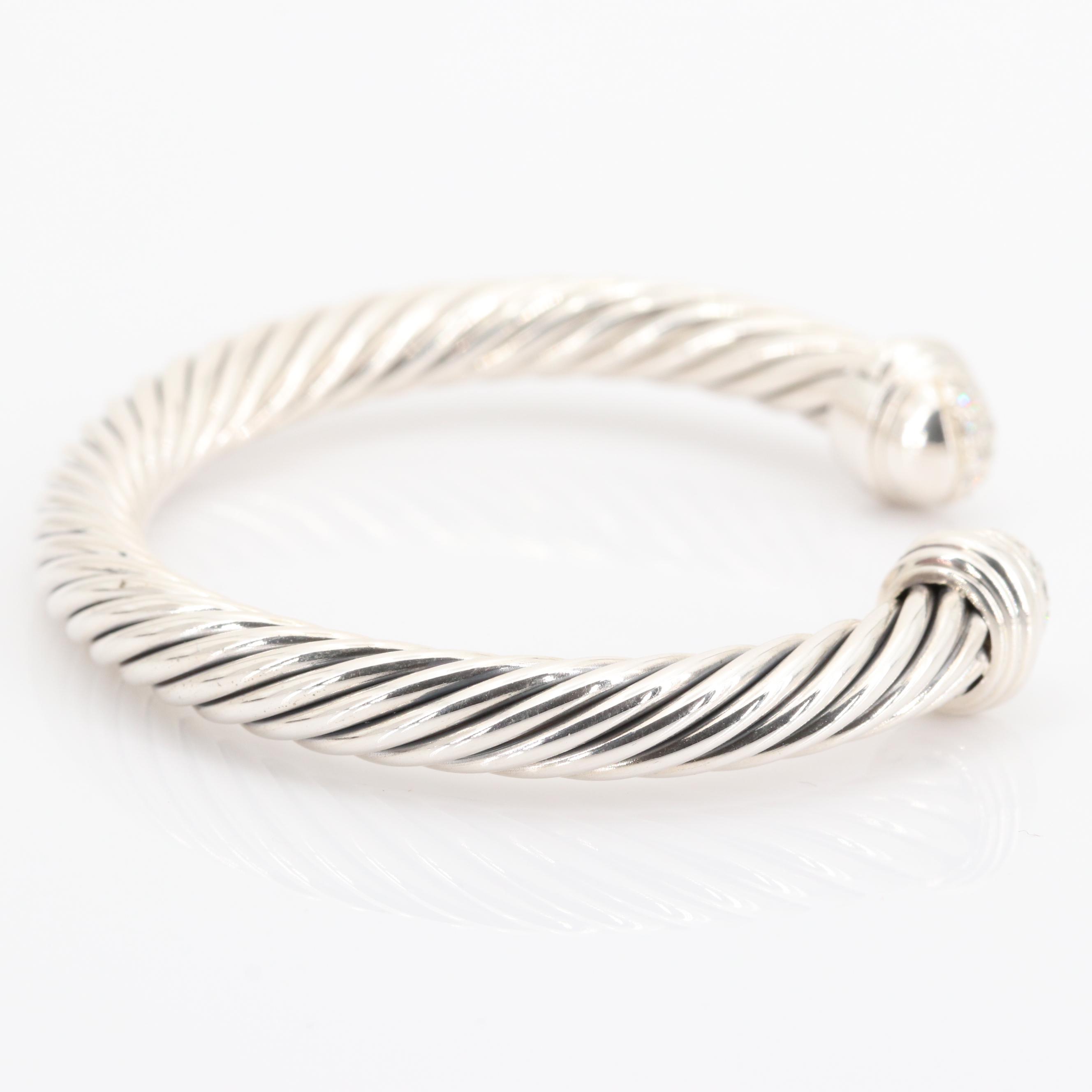 David Yurman Sterling Silver Diamond Cable Cuff Bracelet