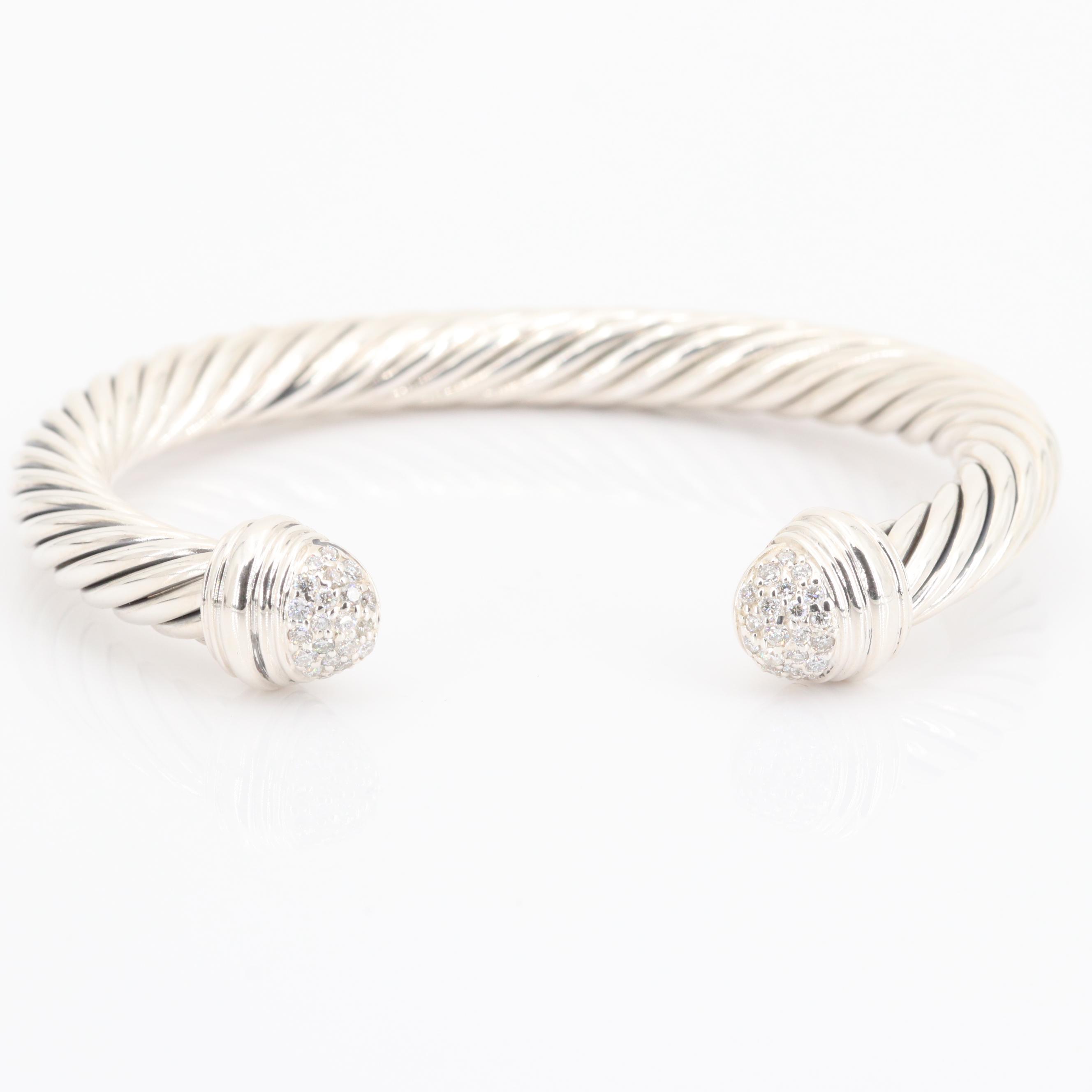 David Yurman Sterling Silver Diamond Cable Cuff Bracelet