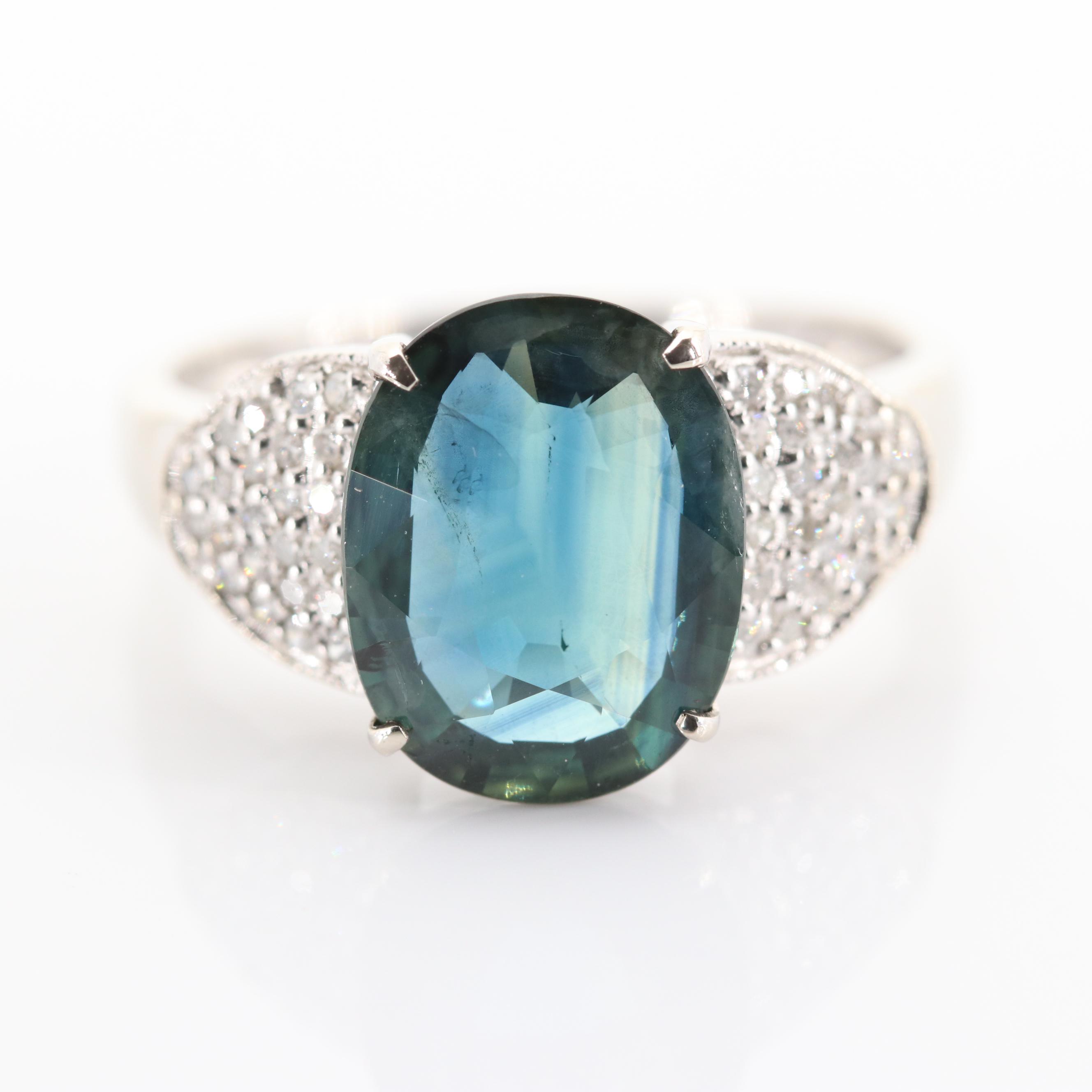 14K White Gold 4.32 CT Sapphire and Diamond Ring