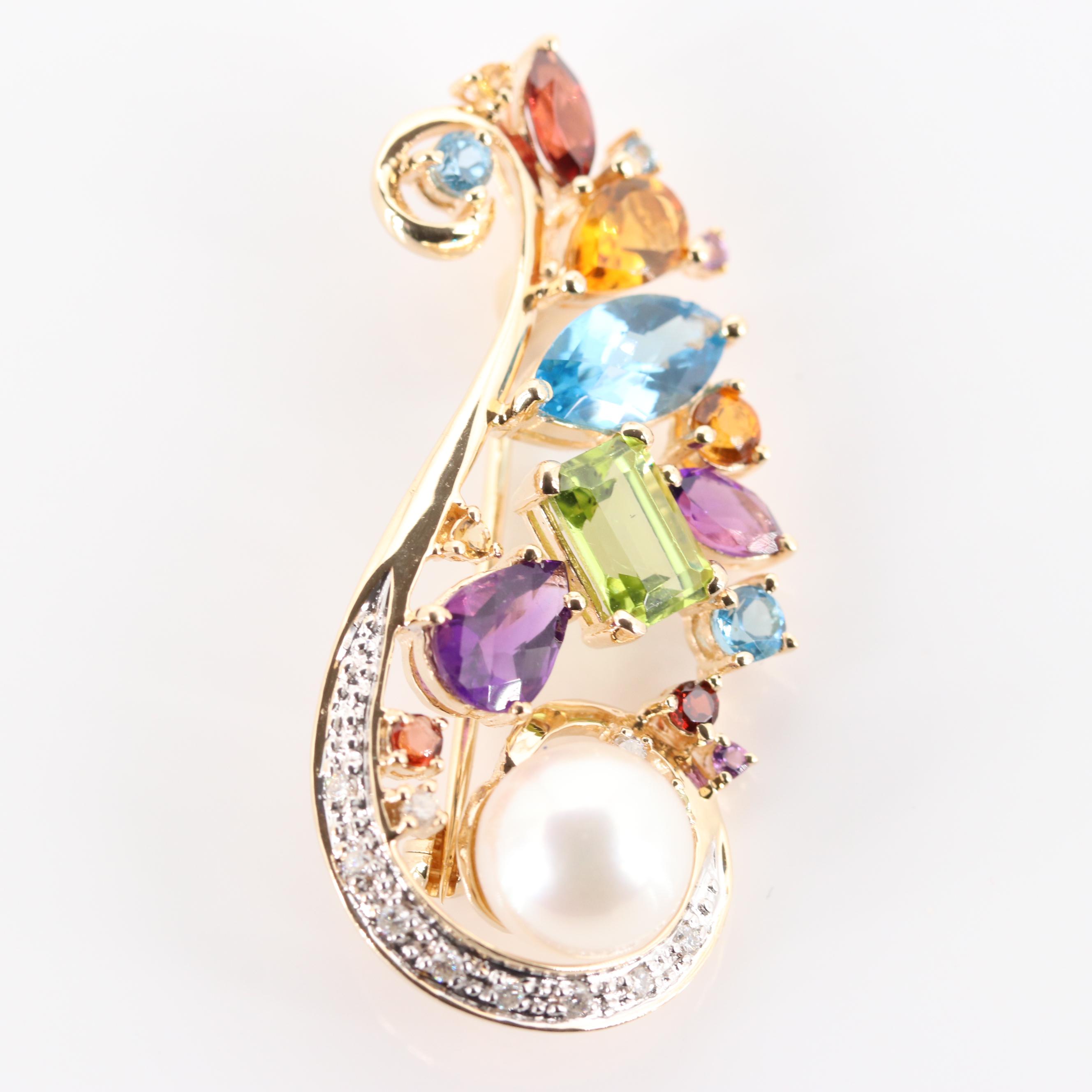 14K Yellow Gold Diamond, Pearl and Multi Gemstone Pendant Brooch