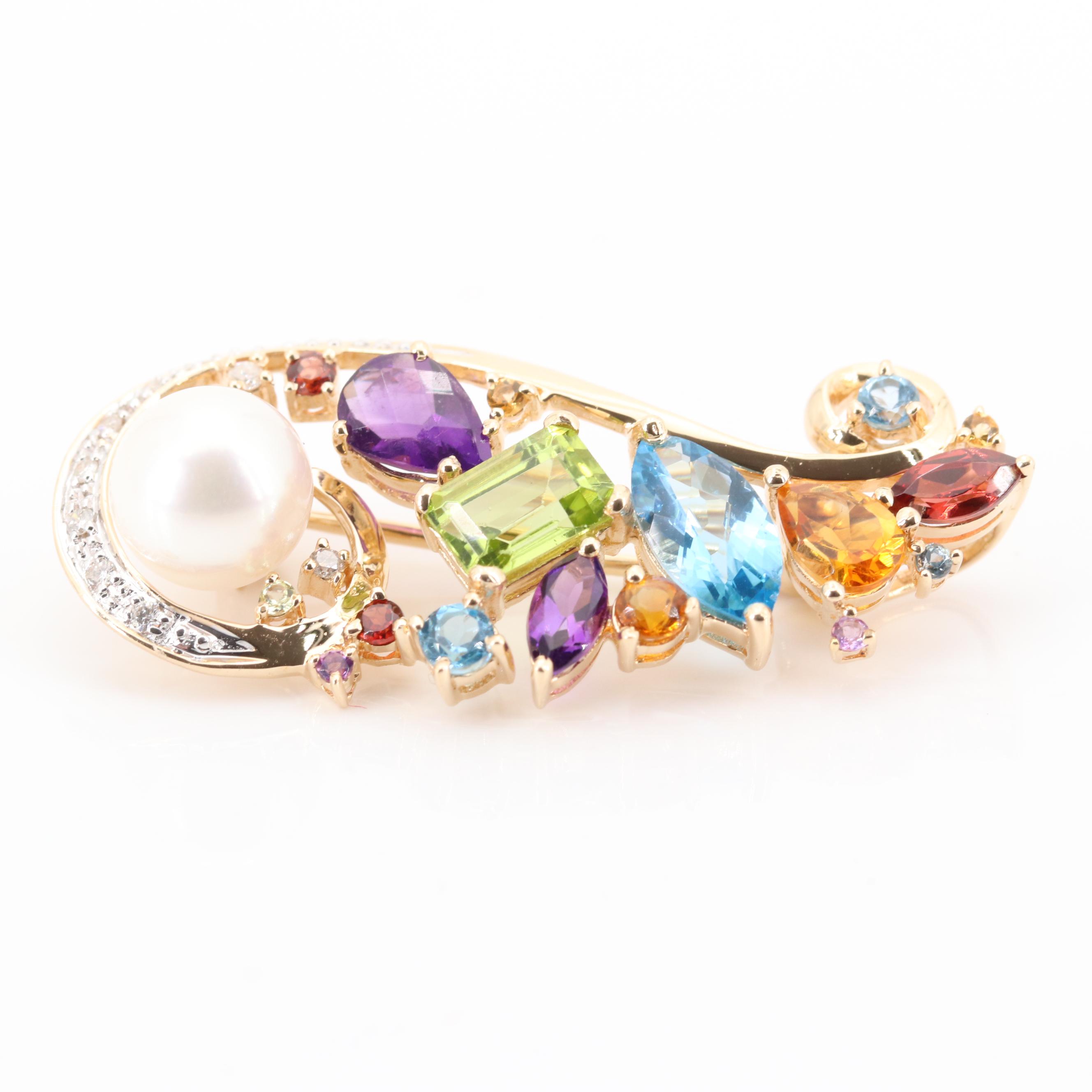 14K Yellow Gold Diamond, Pearl and Multi Gemstone Pendant Brooch