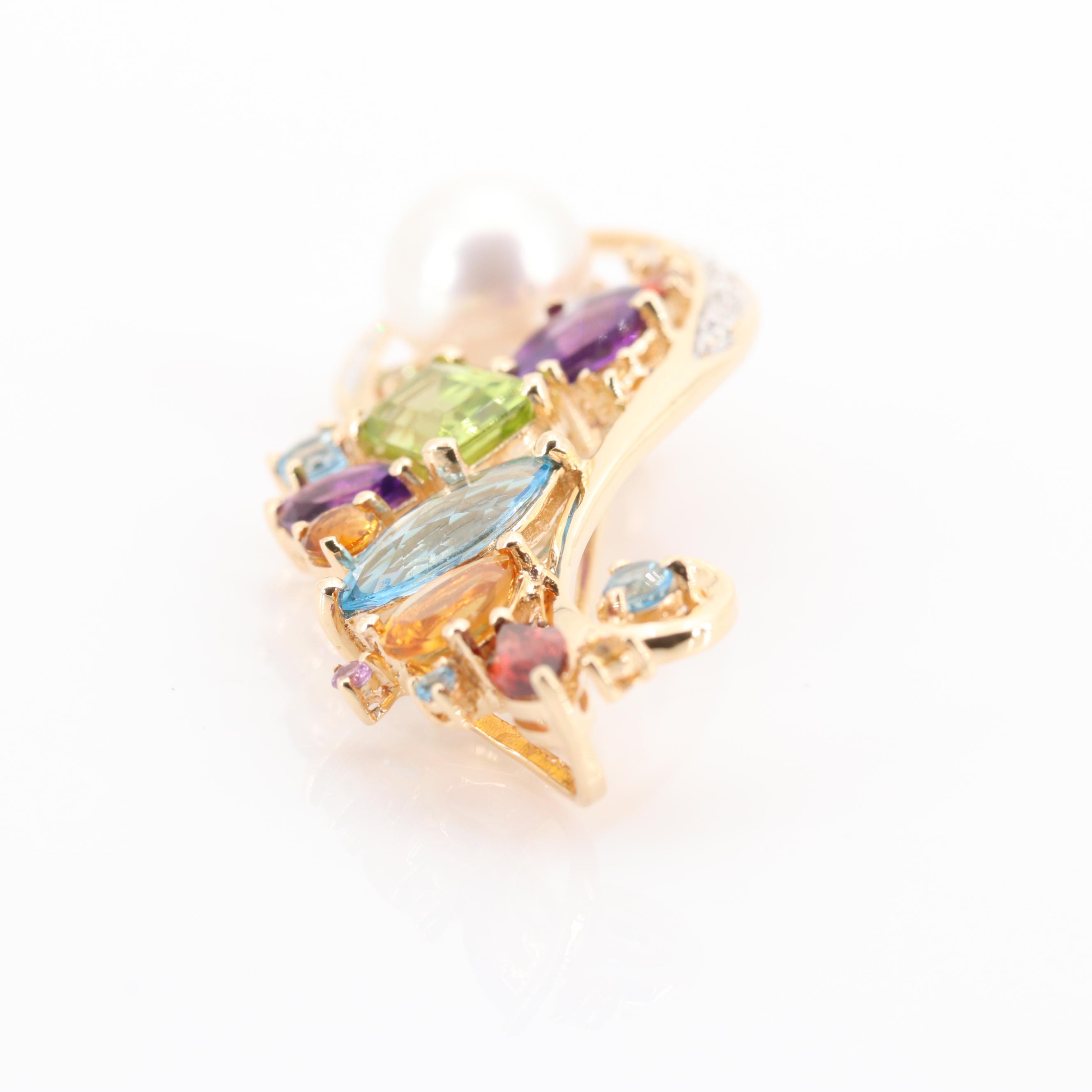 14K Yellow Gold Diamond, Pearl and Multi Gemstone Pendant Brooch