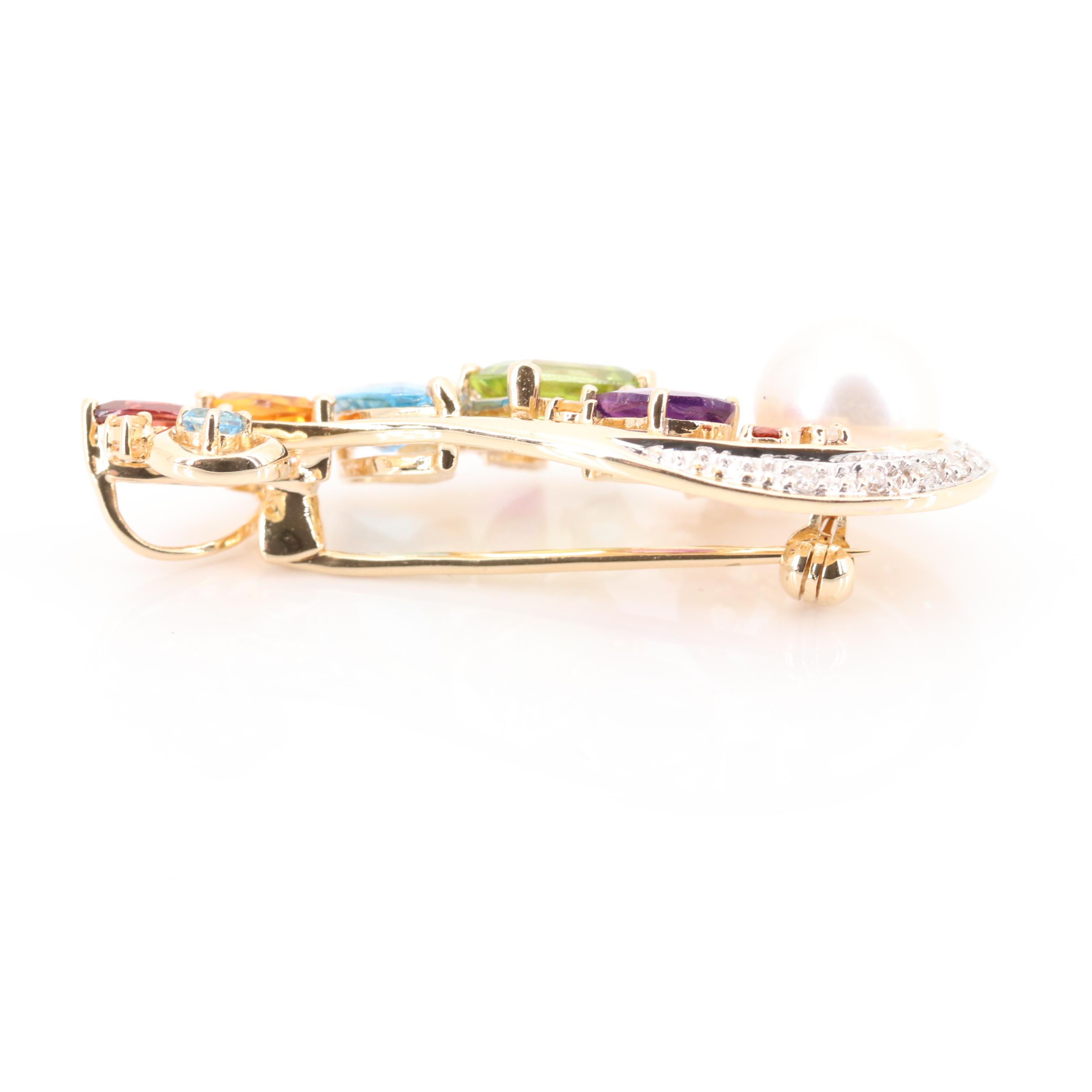14K Yellow Gold Diamond, Pearl and Multi Gemstone Pendant Brooch