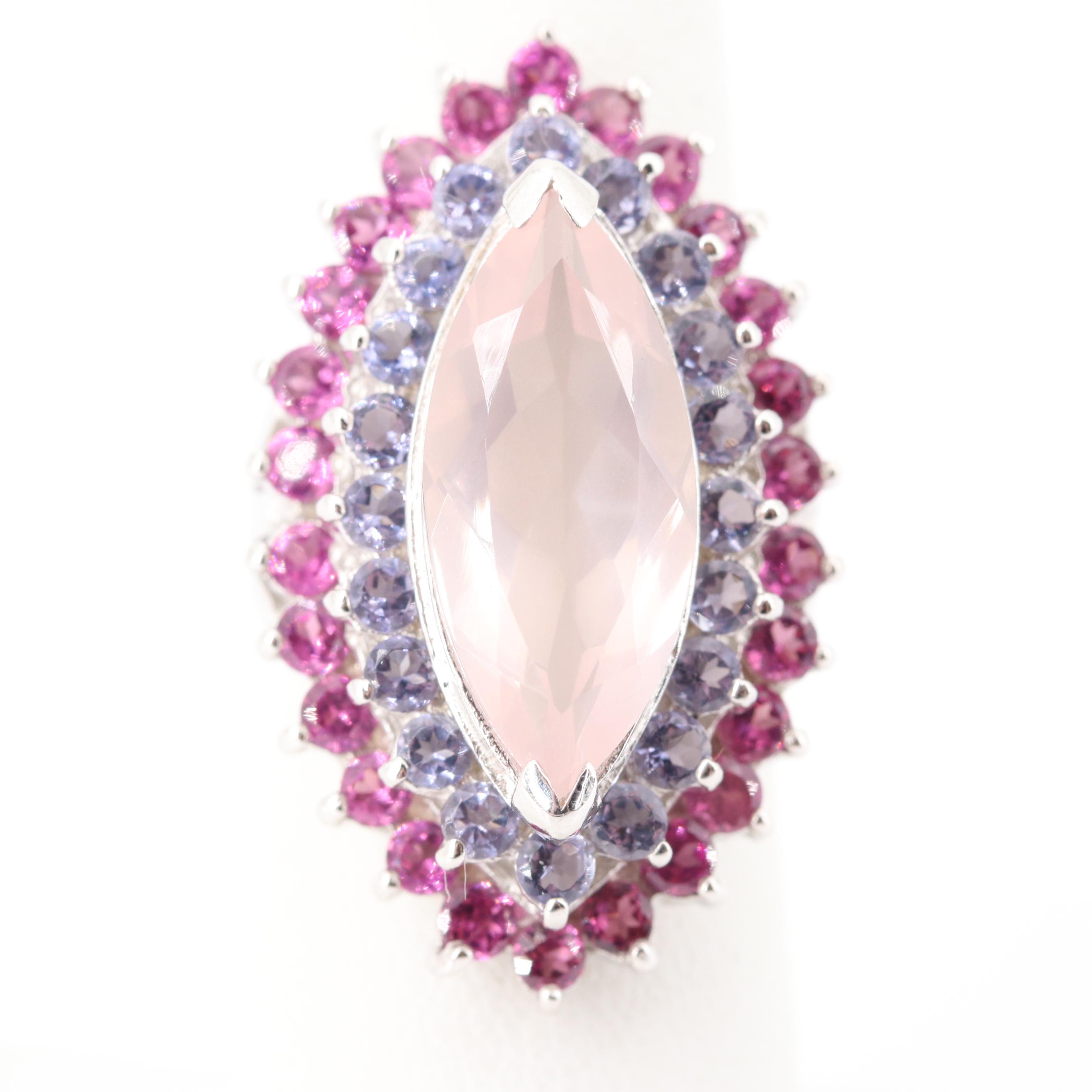 Sterling Silver 3.56 CT Rose Quartz, 1.60 CTW Tanzanite, 2.08 CTW Garnet Ring
