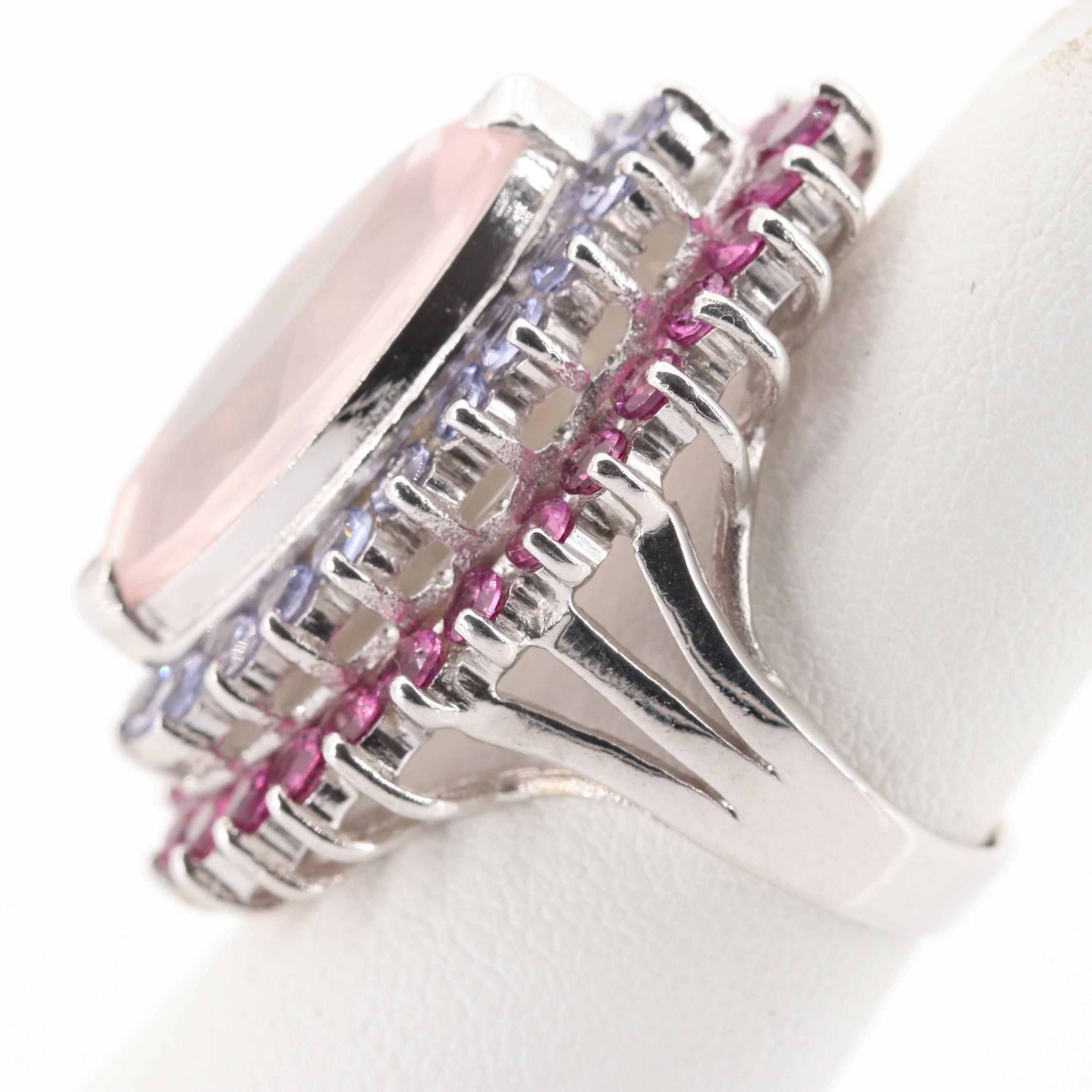 Sterling Silver 3.56 CT Rose Quartz, 1.60 CTW Tanzanite, 2.08 CTW Garnet Ring