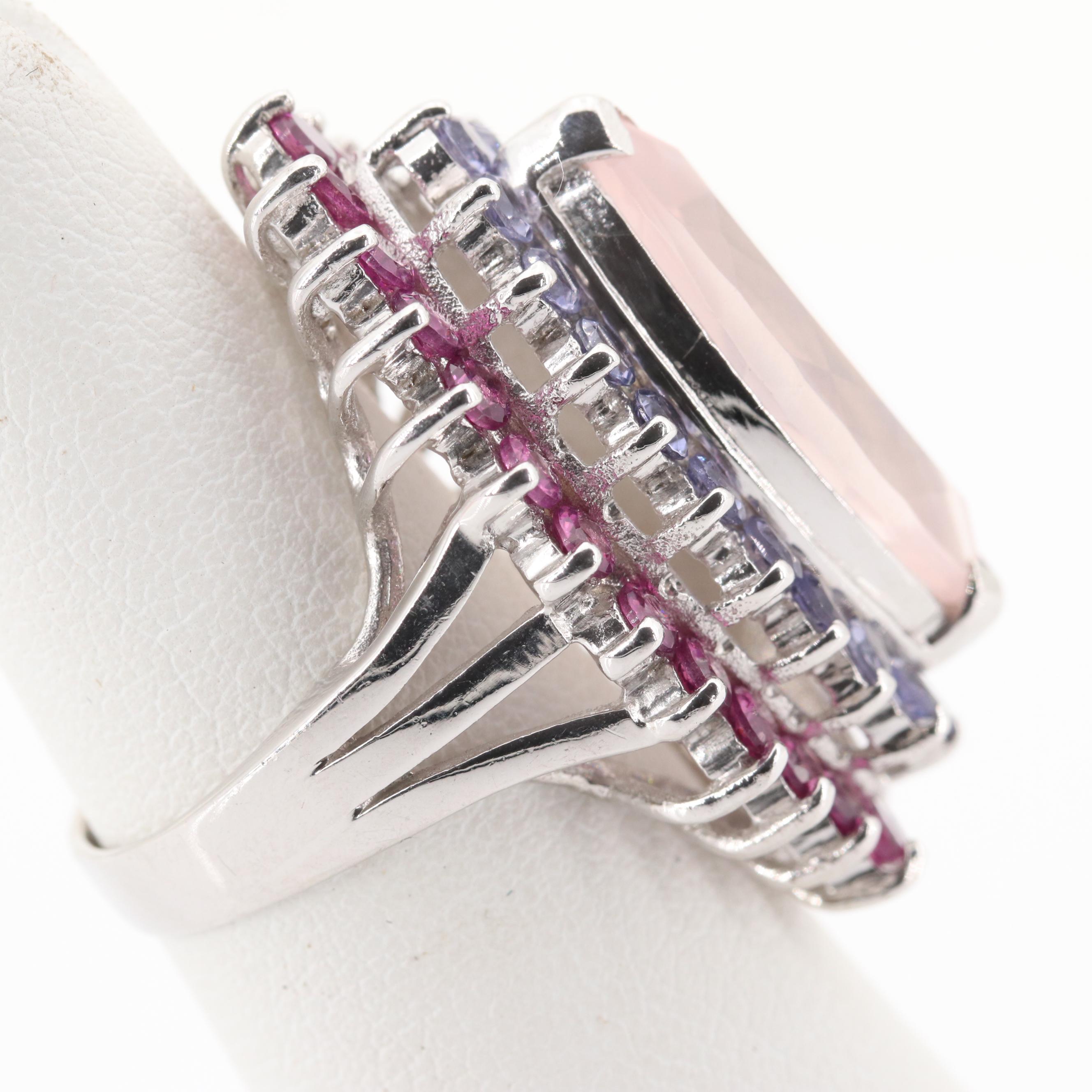 Sterling Silver 3.56 CT Rose Quartz, 1.60 CTW Tanzanite, 2.08 CTW Garnet Ring