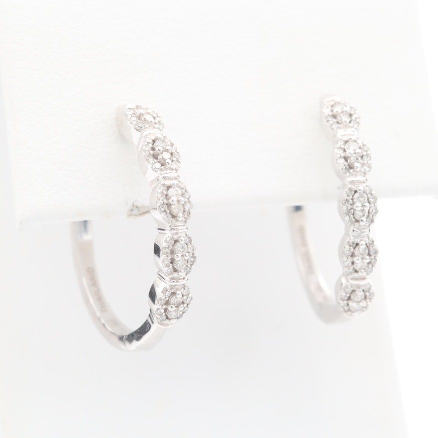 10K White Gold Diamond Hoop Earrings