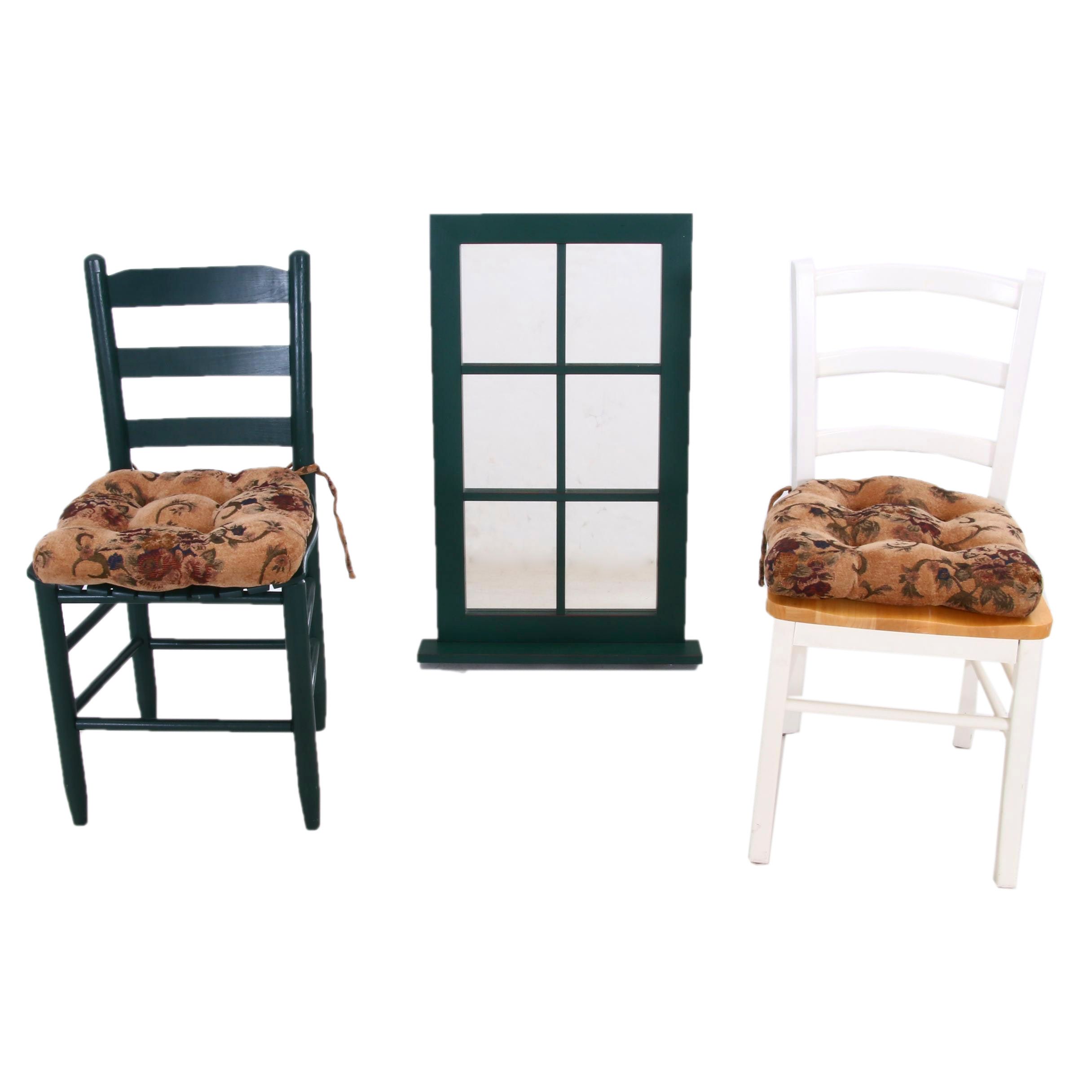 Painted Ladder Back Chairs with Cushions and Decorative Wall Mirror with Shelf