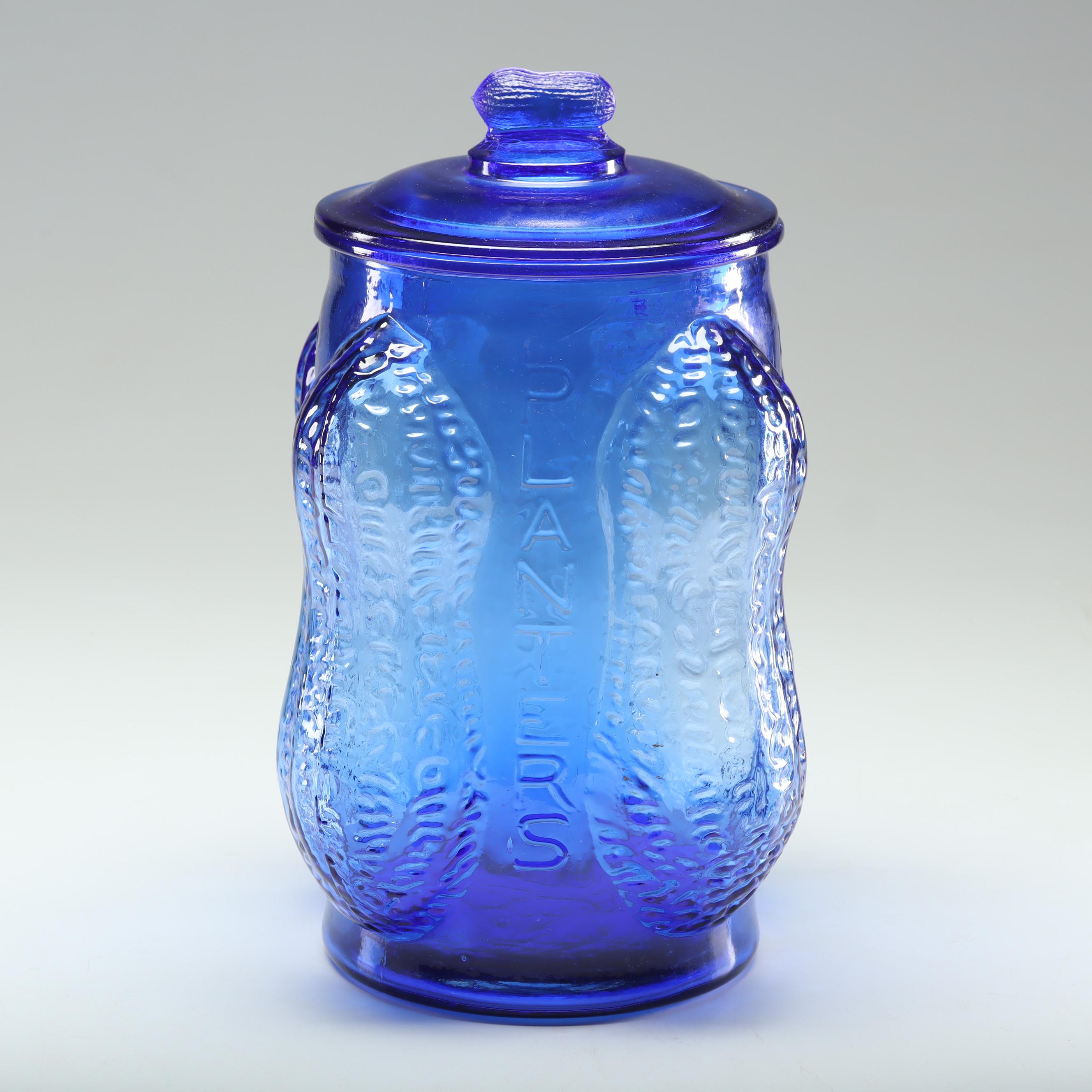 Reproduction Planters Peanuts Cobalt Blue Glass Peanut Jar, Vintage