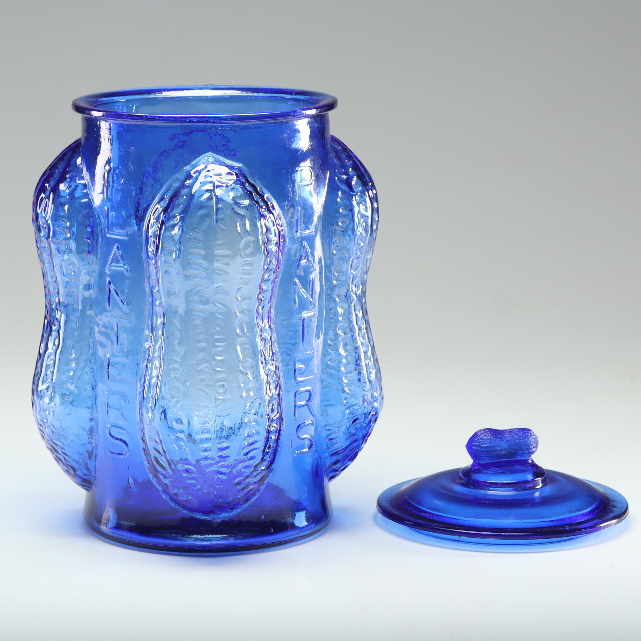 Reproduction Planters Peanuts Cobalt Blue Glass Peanut Jar, Vintage