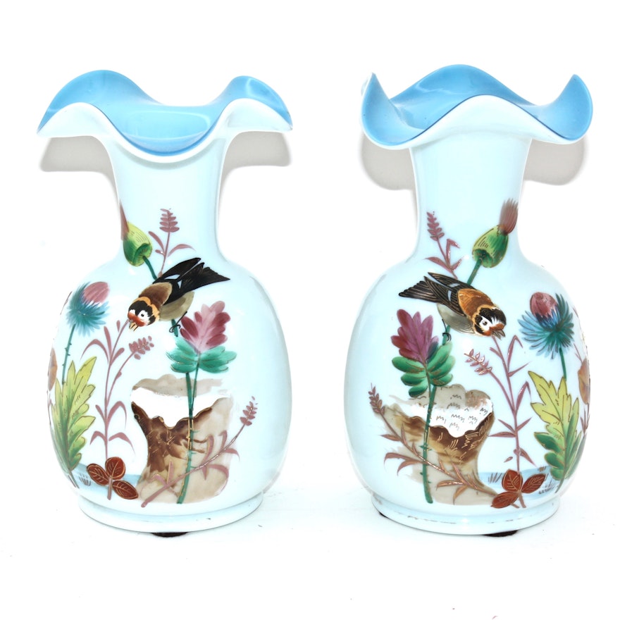 Hand Painted Bristol Glass Vases, Late 19th Century