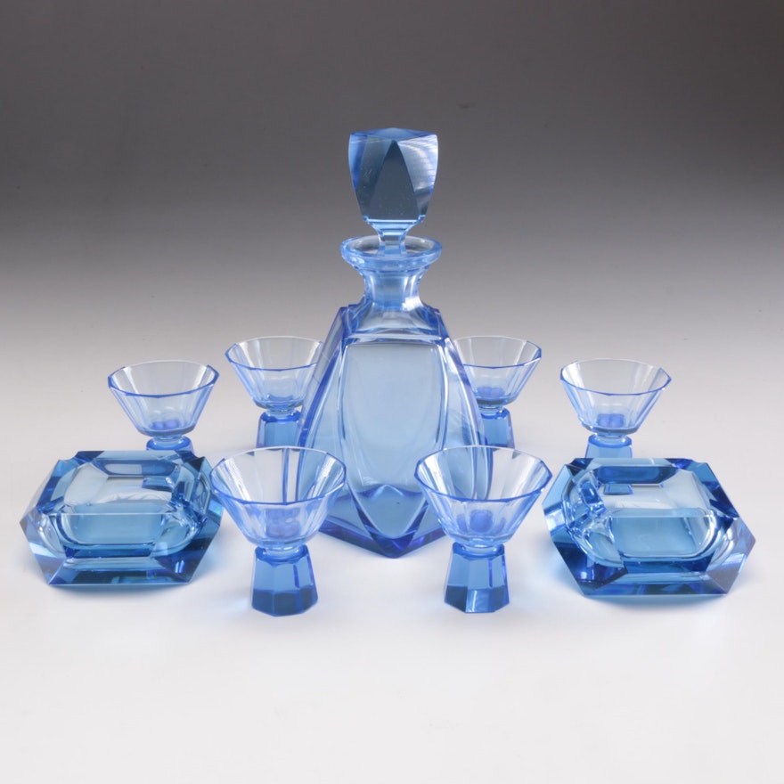 Bohemian Cobalt Whiskey Decanter, Small Goblets, and Ash Receivers, 1920s-1940s