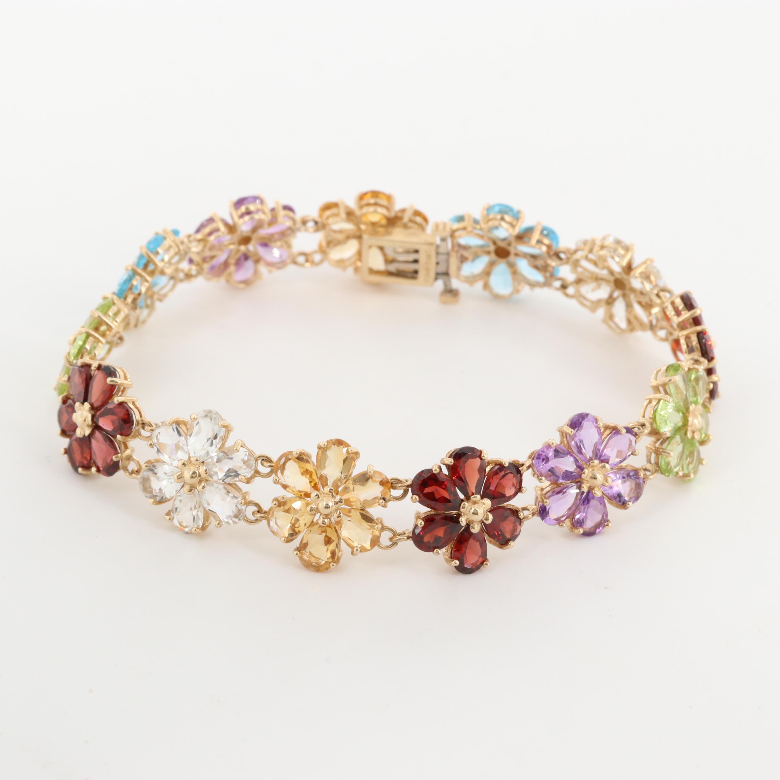 10K Yellow Gold Multi-Gemstone Floral Bracelet