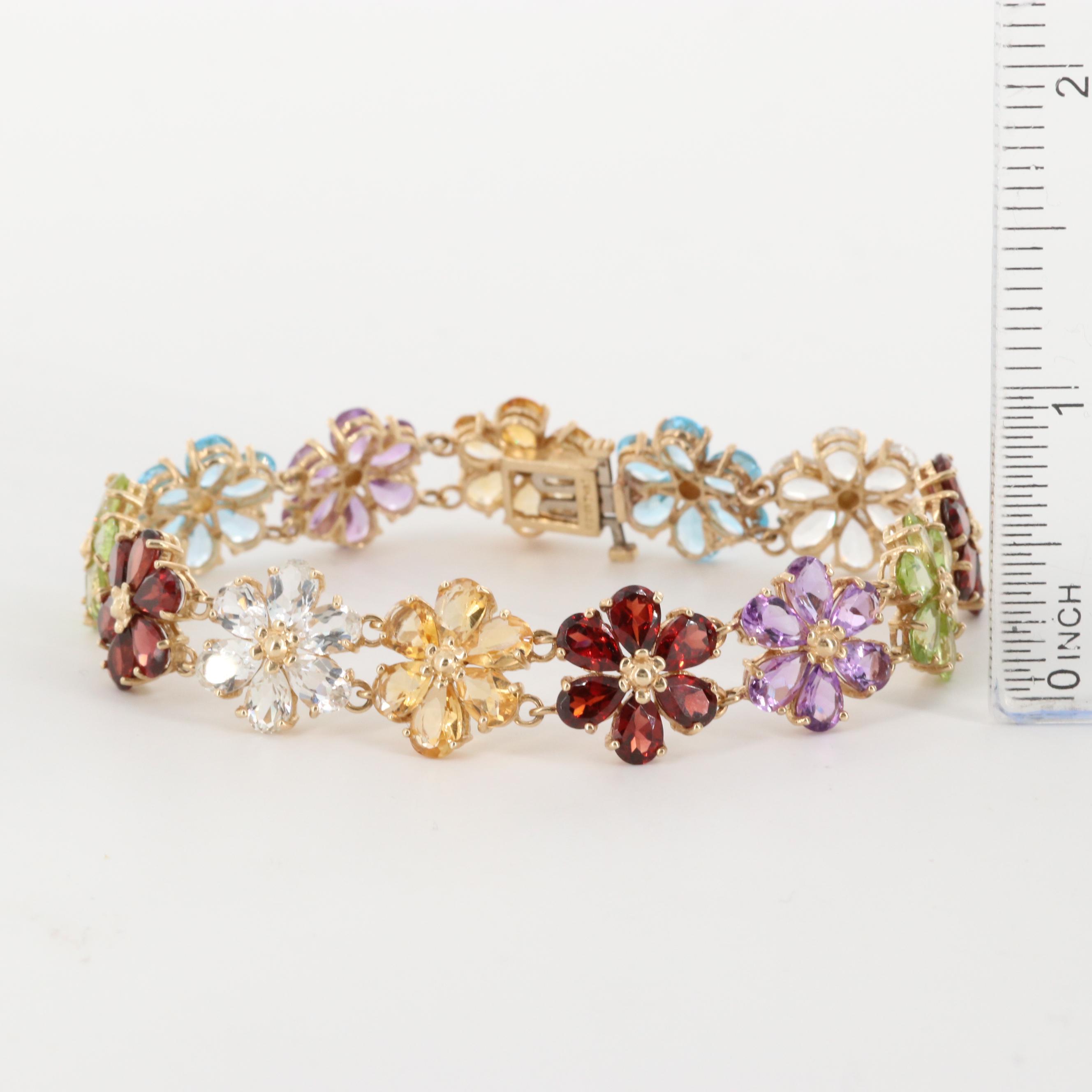 10K Yellow Gold Multi-Gemstone Floral Bracelet