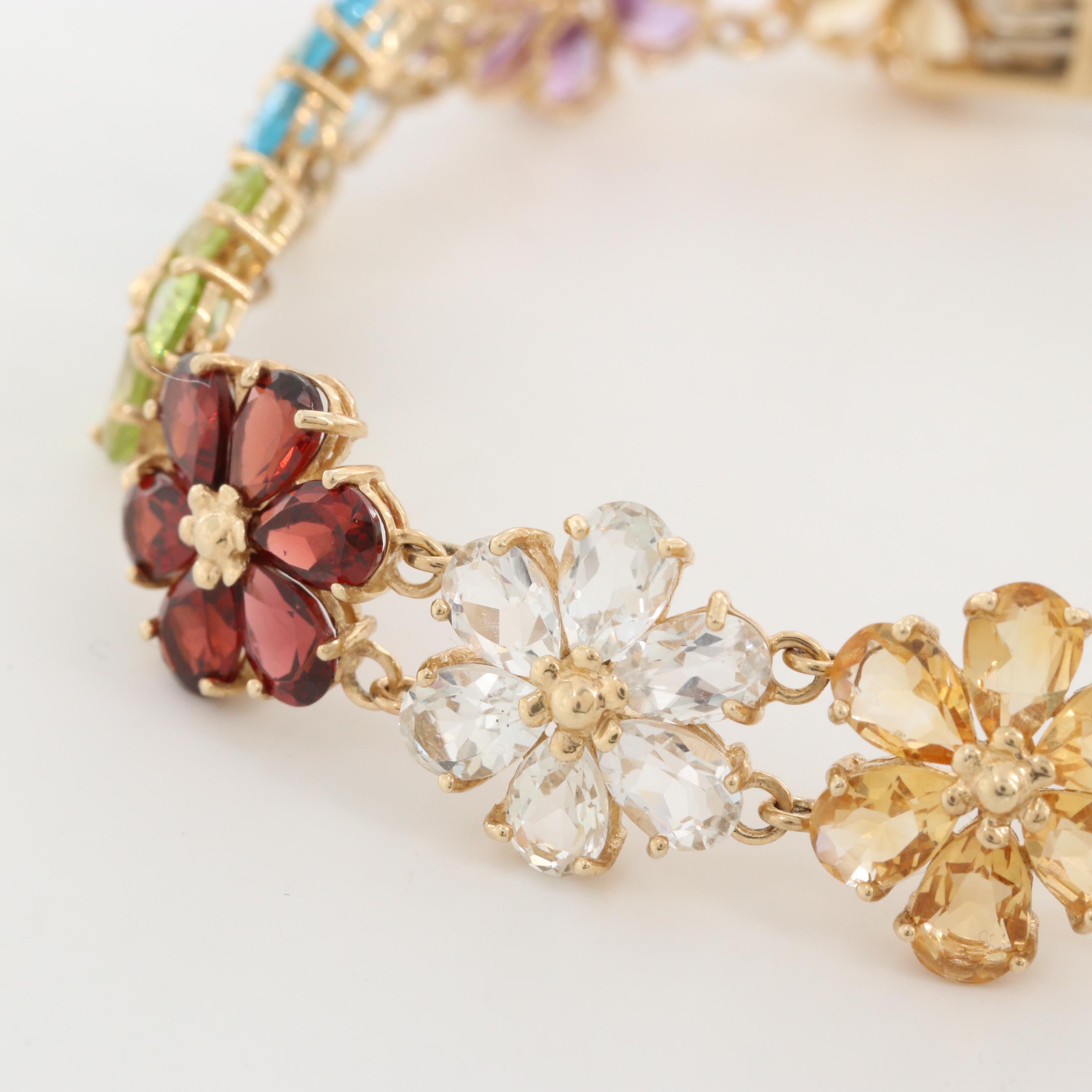 10K Yellow Gold Multi-Gemstone Floral Bracelet