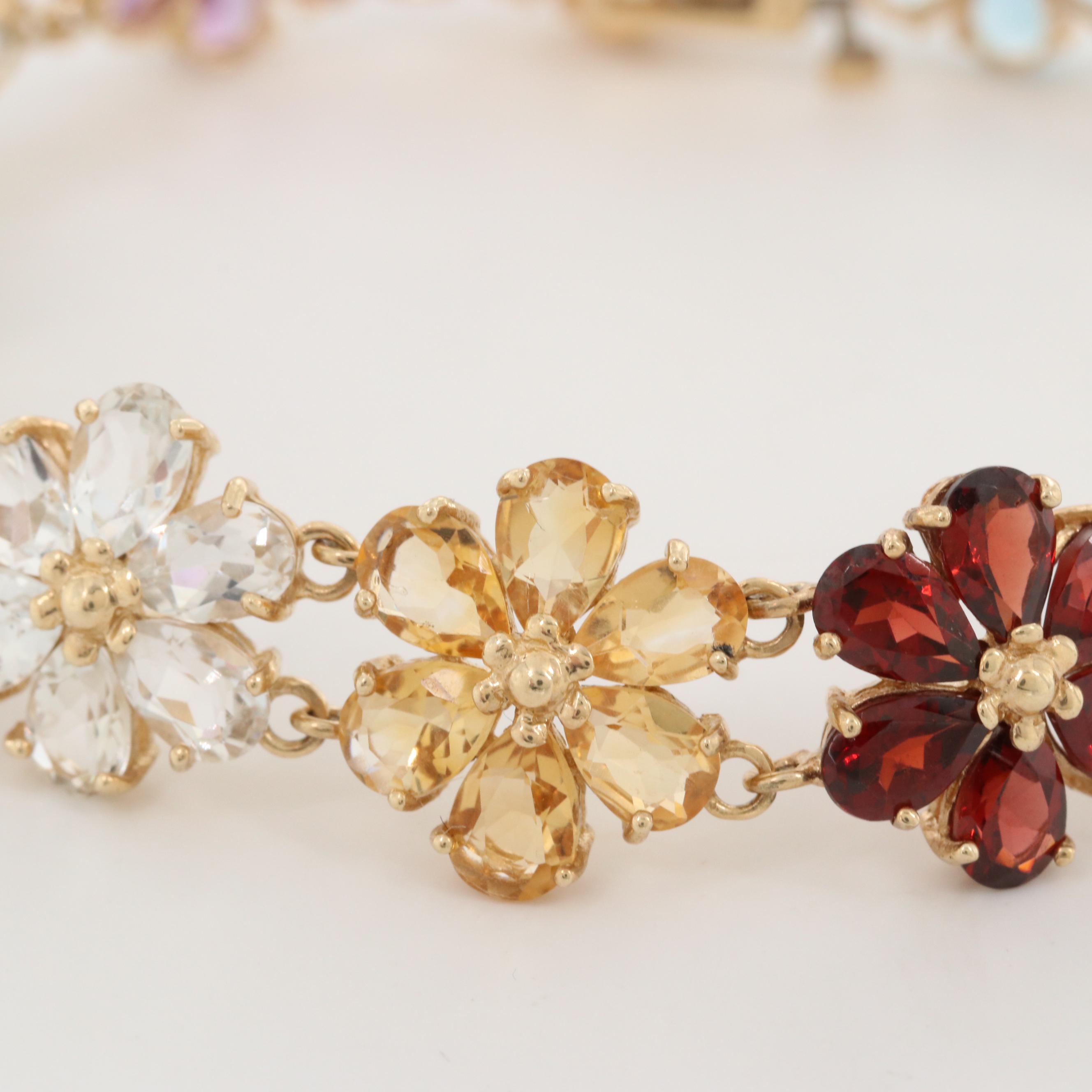 10K Yellow Gold Multi-Gemstone Floral Bracelet