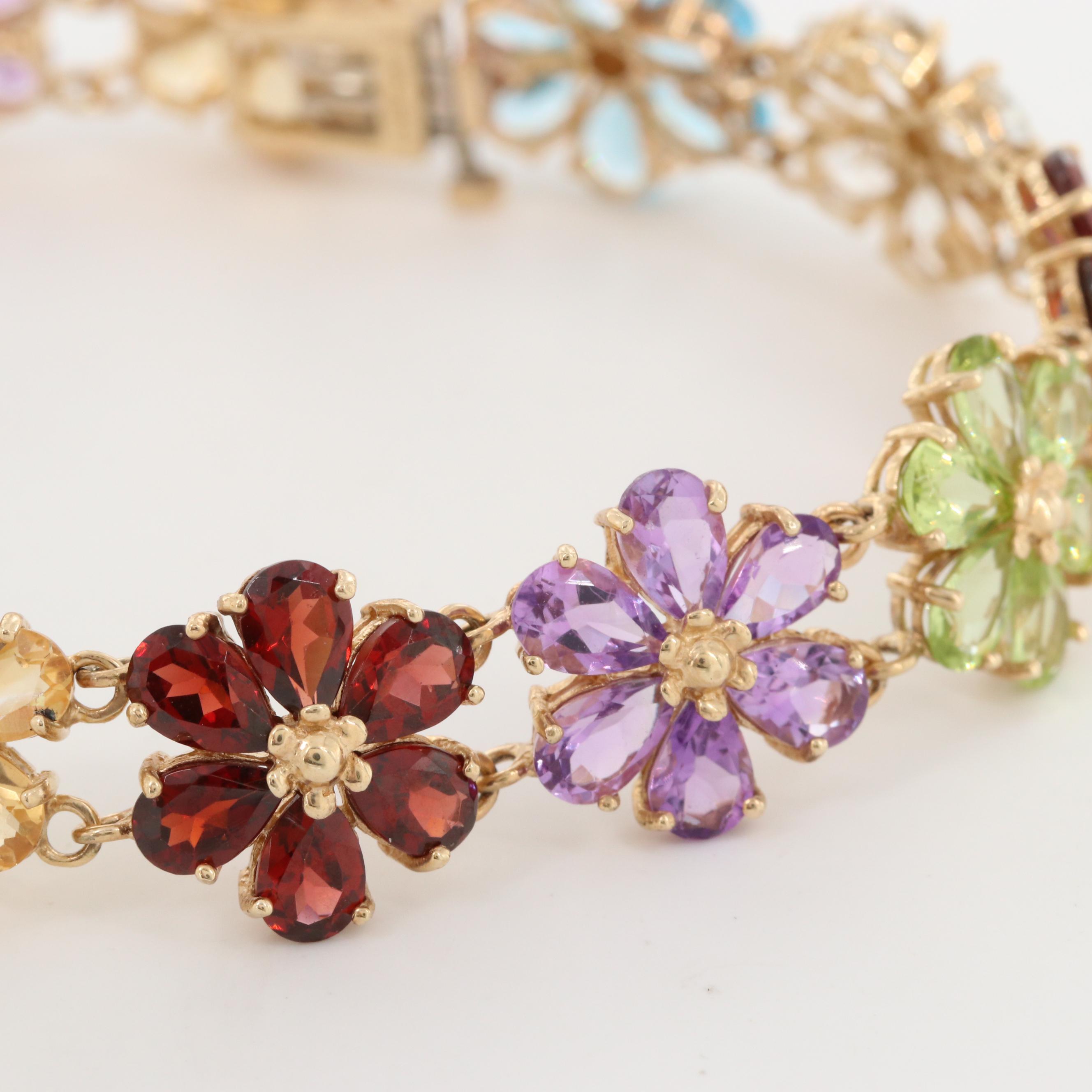 10K Yellow Gold Multi-Gemstone Floral Bracelet