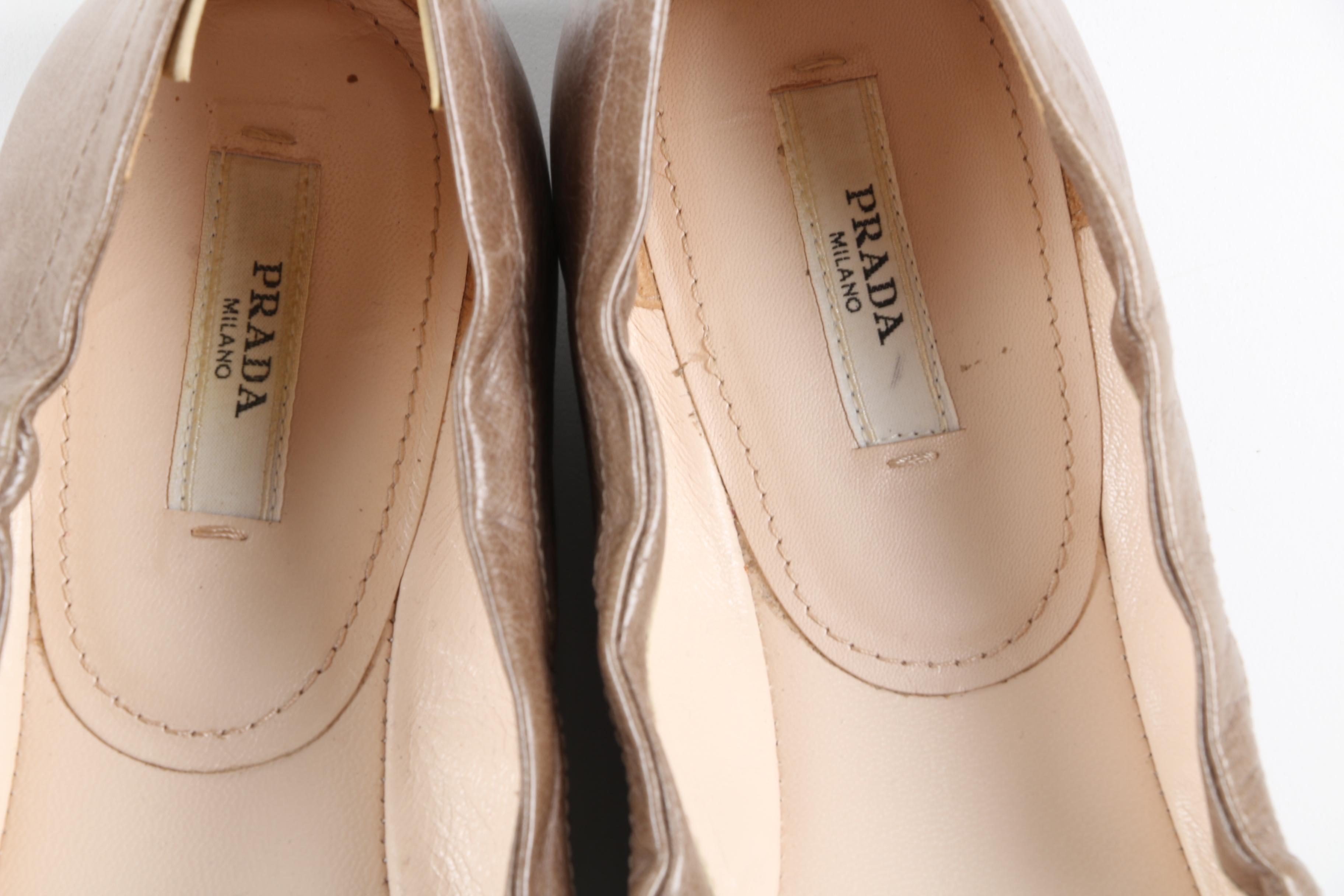 Prada Taupe Leather Flat Bow-Accented Flats