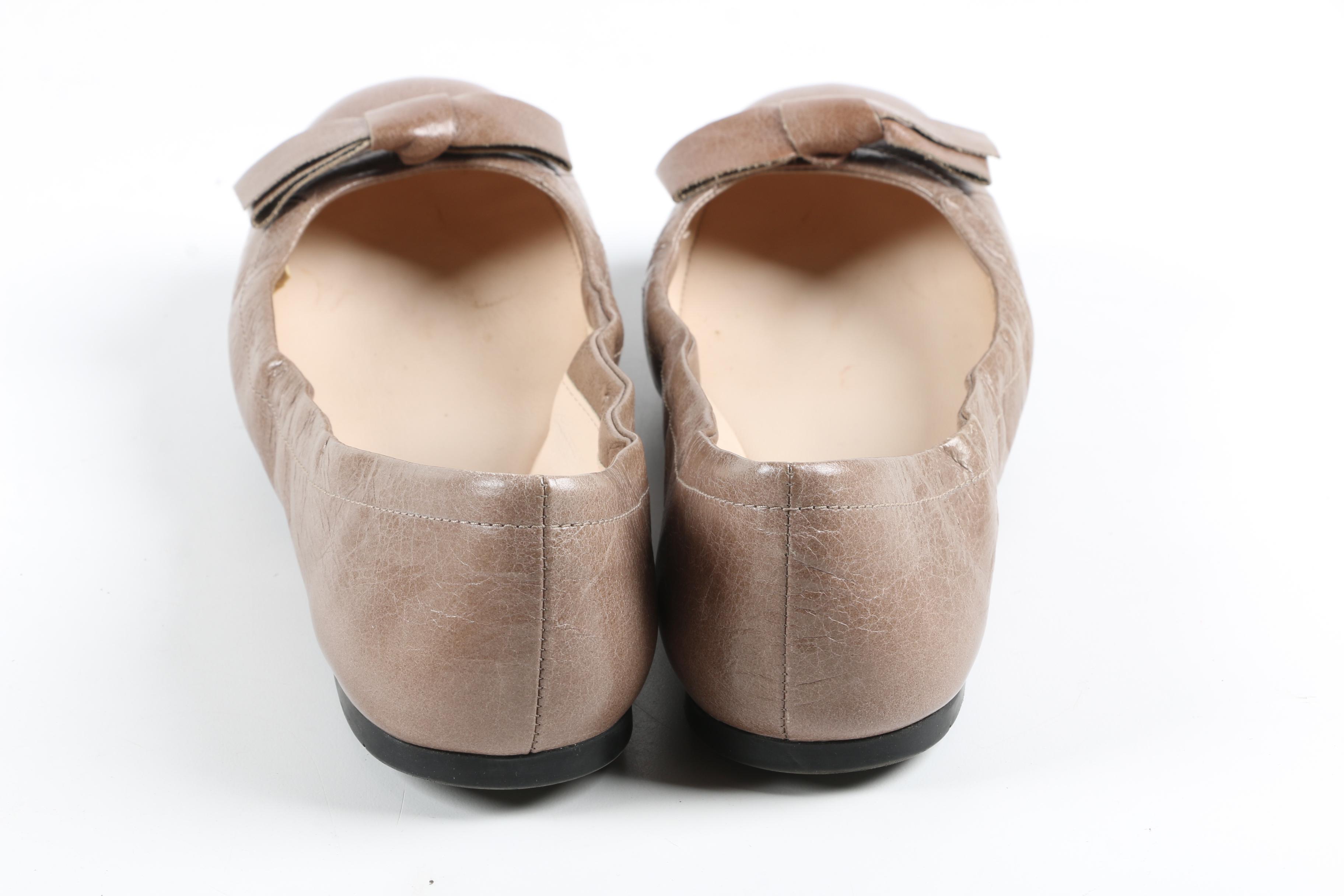 Prada Taupe Leather Flat Bow-Accented Flats