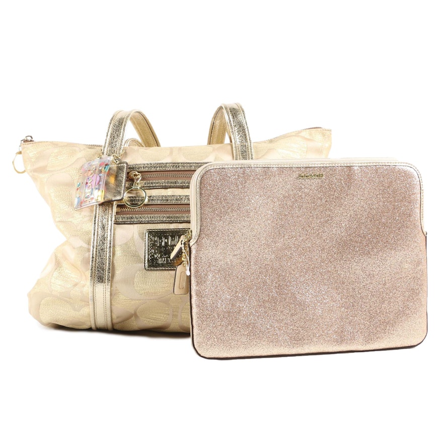 Coach Lurex Poppy Tote Bag and Gold Glitter Tablet Sleeve