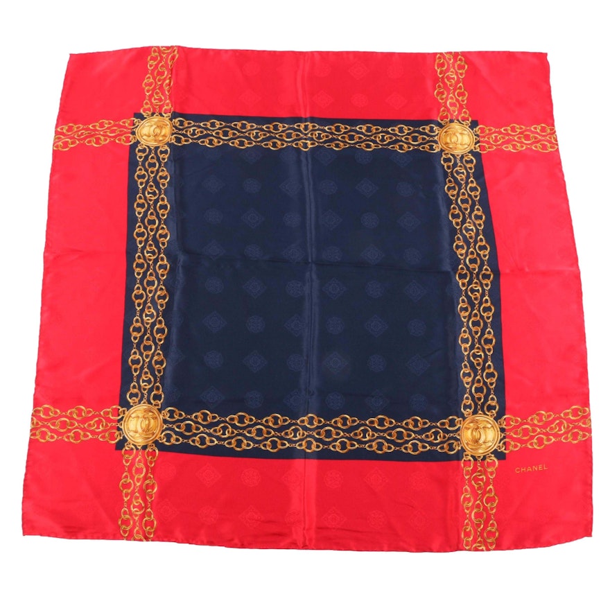 Chanel Red and Navy Silk Jacquard Chain Print Scarf