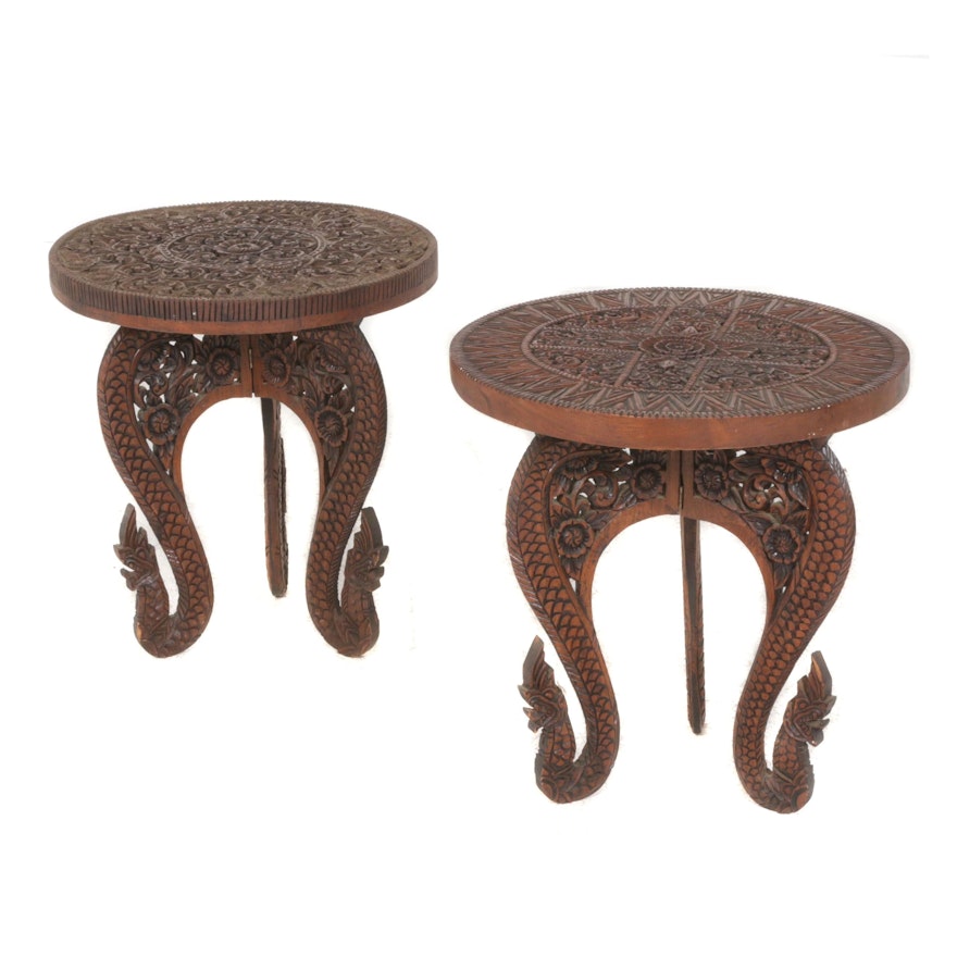 Floral Carved Wooden Side Tables, Mid-Century