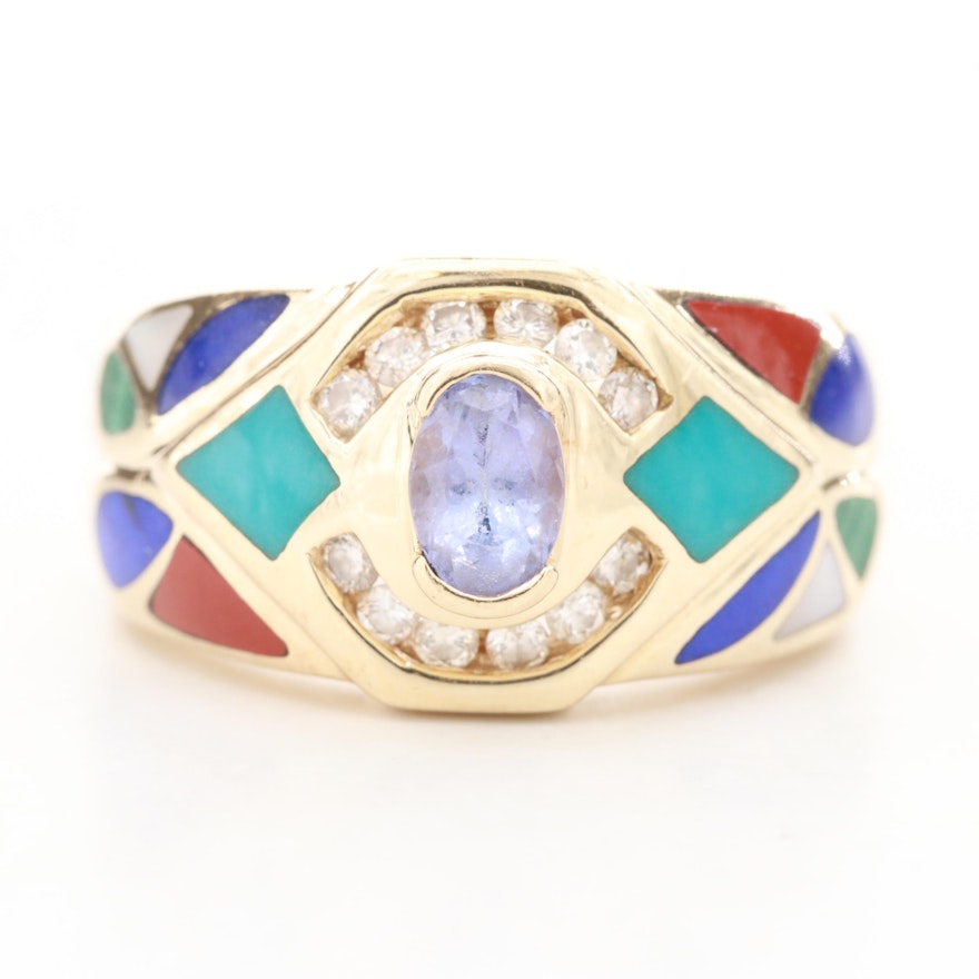 14K Yellow Gold Tanzanite, Diamond, Turquoise and Gemstone Inlay Ring