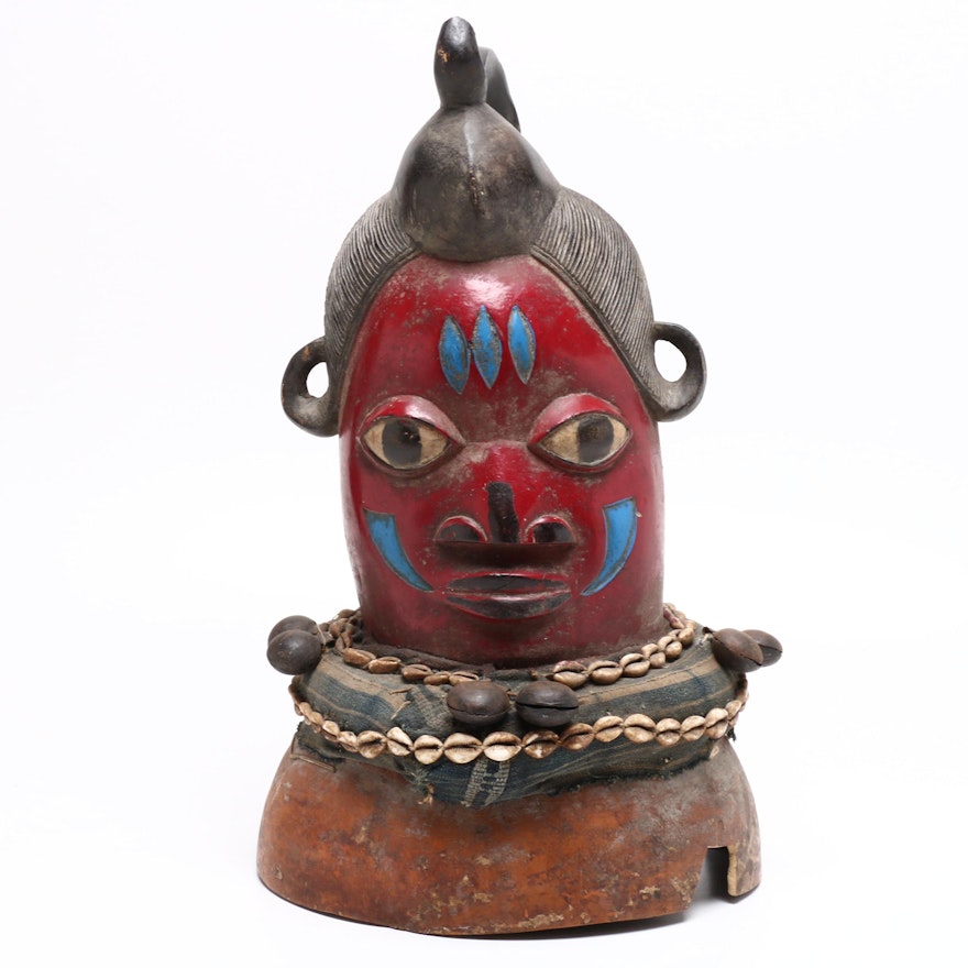 Handcrafted African Tribal Mask Wood Carving with Sea Shells, Mid-20th Century