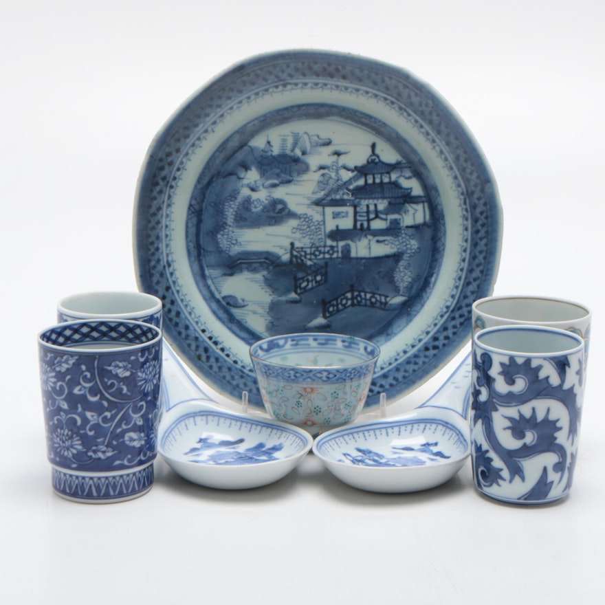 Chinese Porcelain Blue and White Serveware and Cups, Early-Mid 20th Ca.