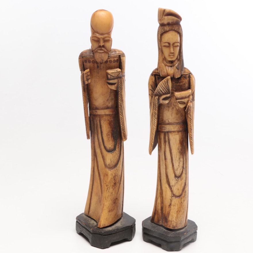 Chinese Hand Carved Bone Standing Figures, Early-Mid 20th Century